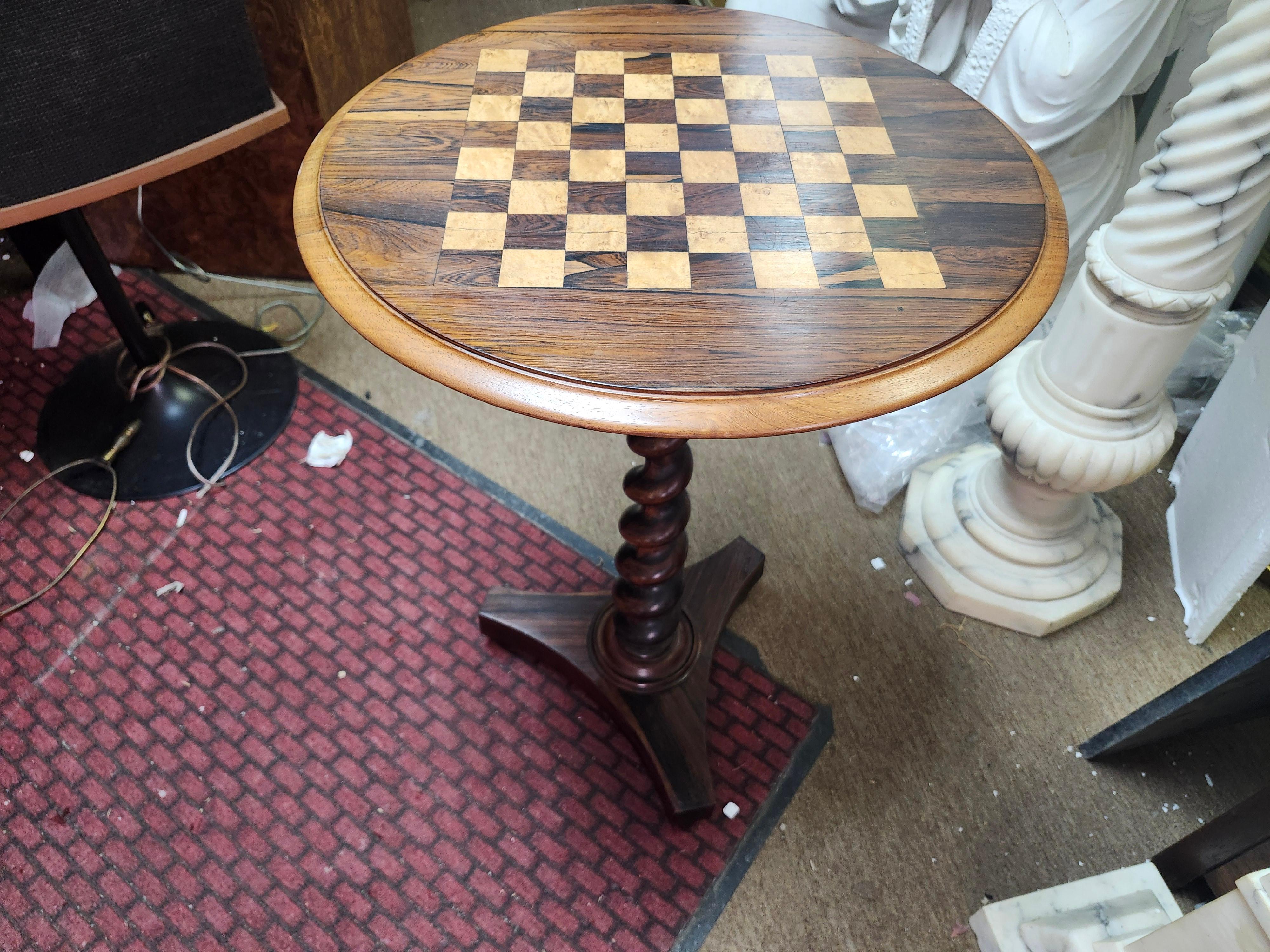 Antique Round With Barley Twist Column Rosewood Game Chess Table C1920 For Sale 3