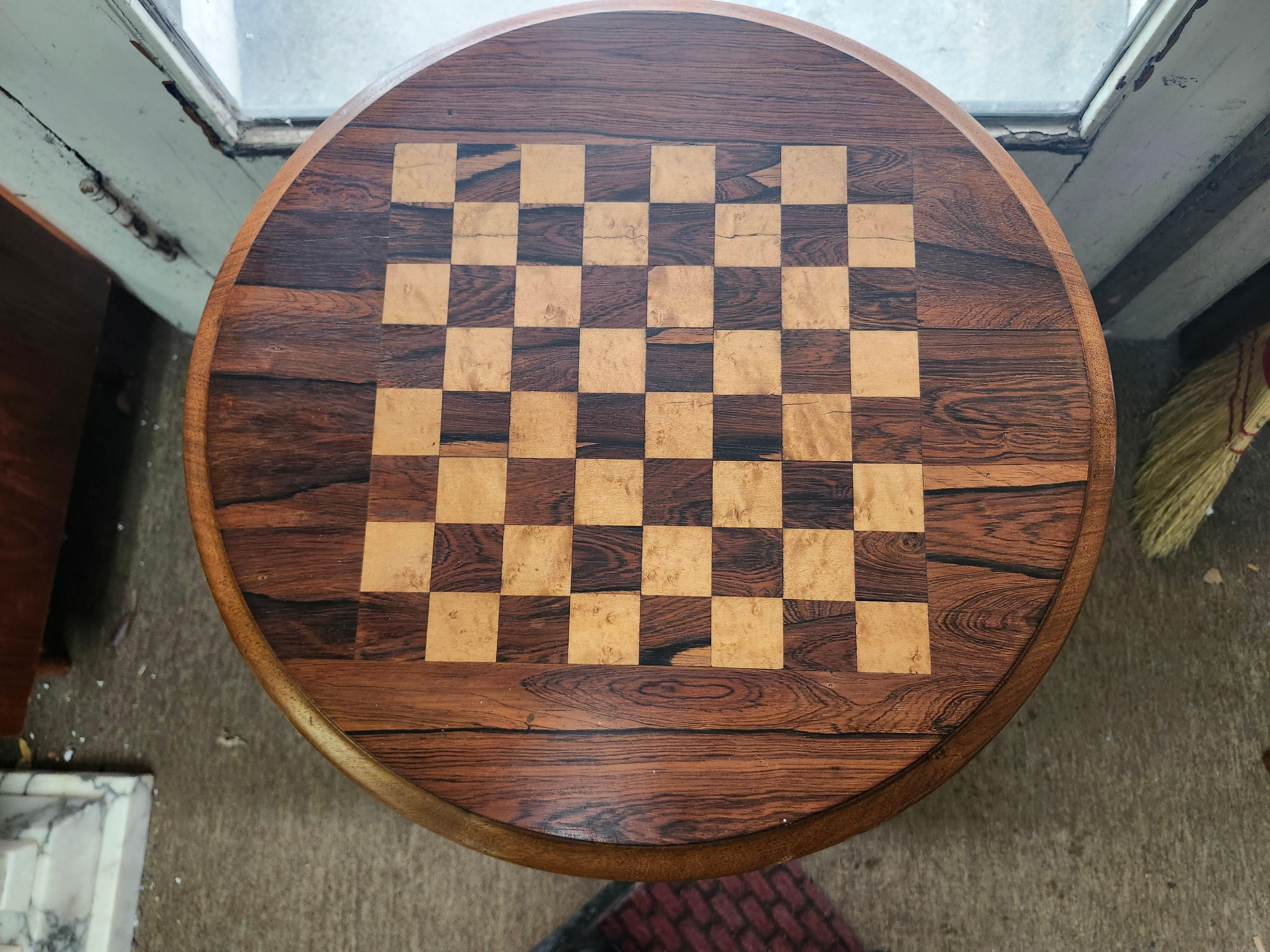 Antique Round With Barley Twist Column Rosewood Game Chess Table C1920 For Sale 6
