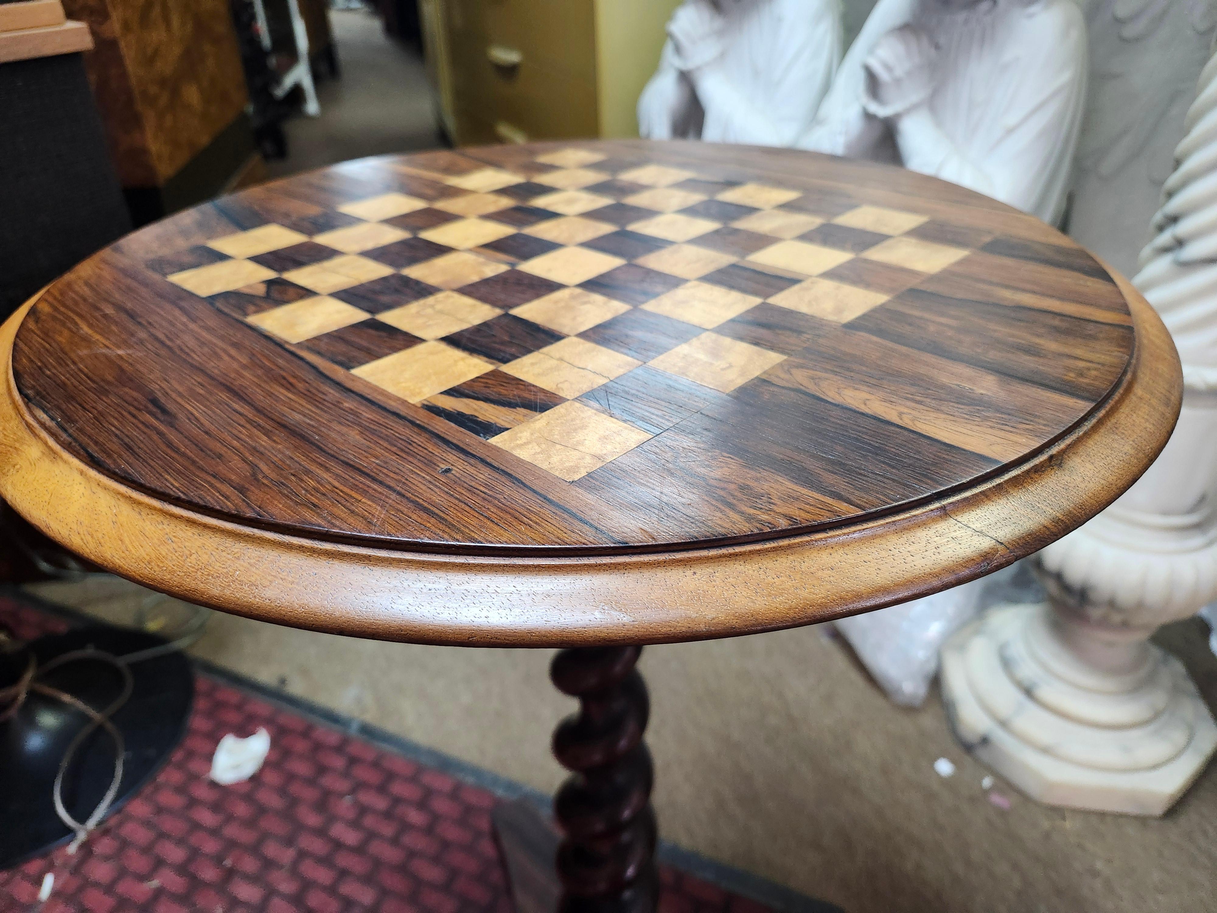 Antique Round With Barley Twist Column Rosewood Game Chess Table C1920 For Sale 1