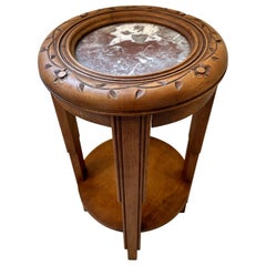 Antique Round Wood Art Deco Table with Deep Red Marble and Hand Carved Flowers