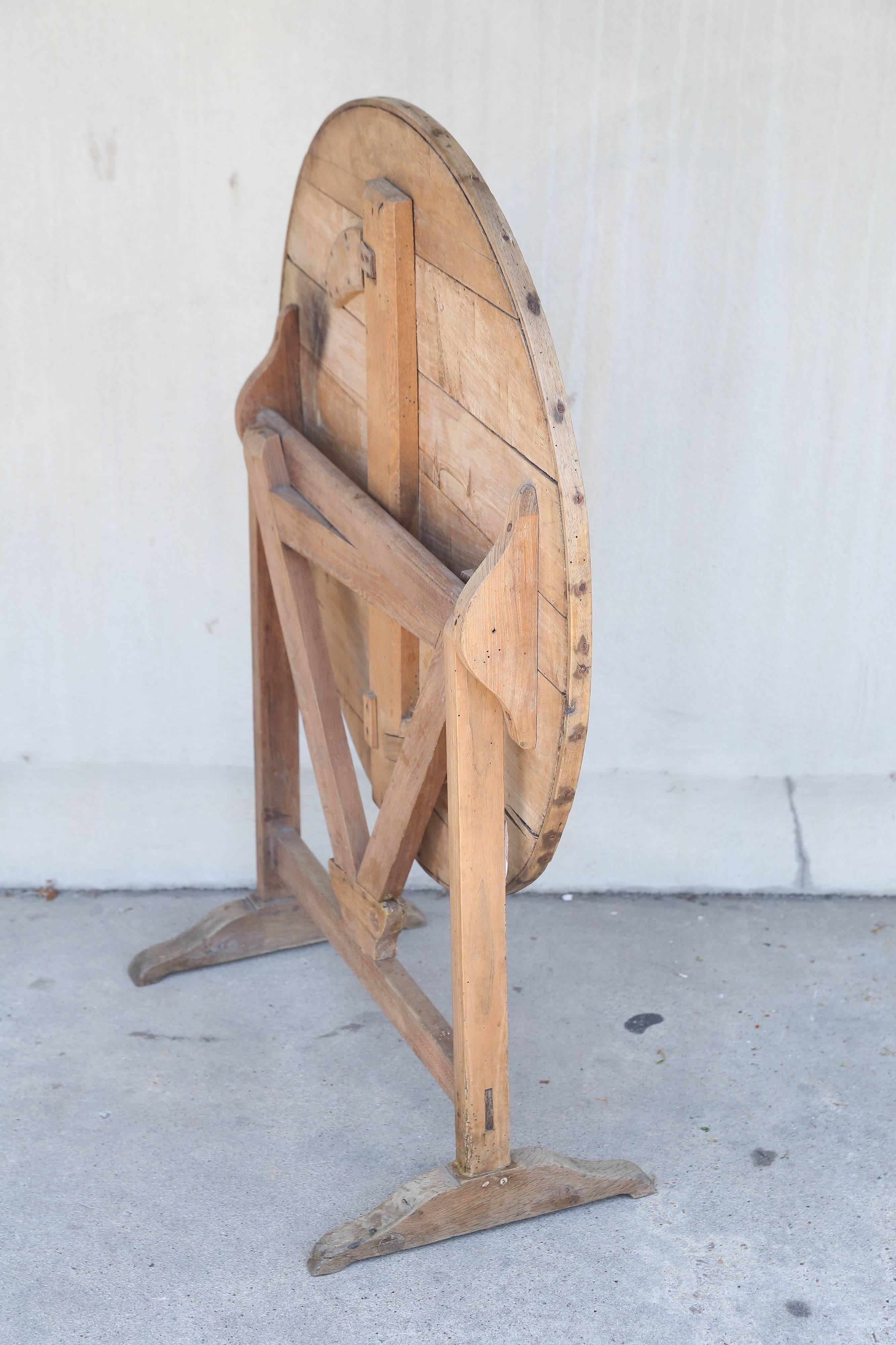 Antique Round Wood Folding Vineyard Table Found in France In Good Condition In Houston, TX