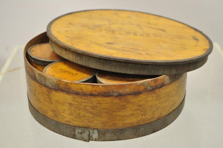 Antique Round Wooden Kitchen Pantry Shaker Spices Box Set Jars 5