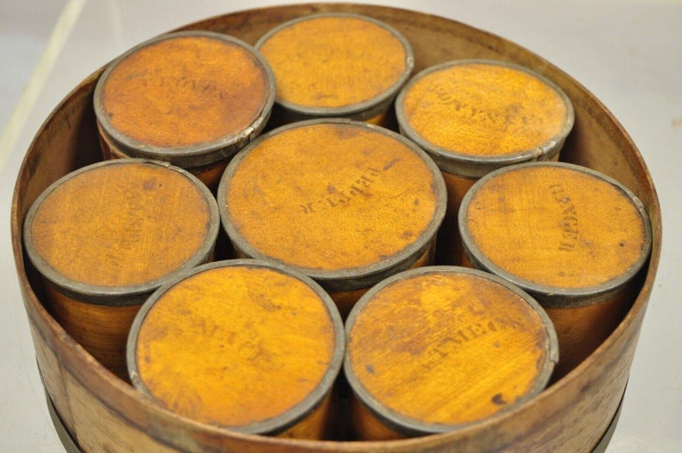 Primitive Antique Round Wooden Kitchen Pantry Shaker Spices Box Set Jars