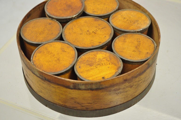Antique Round Wooden Kitchen Pantry Shaker Spices Box Set Jars 2