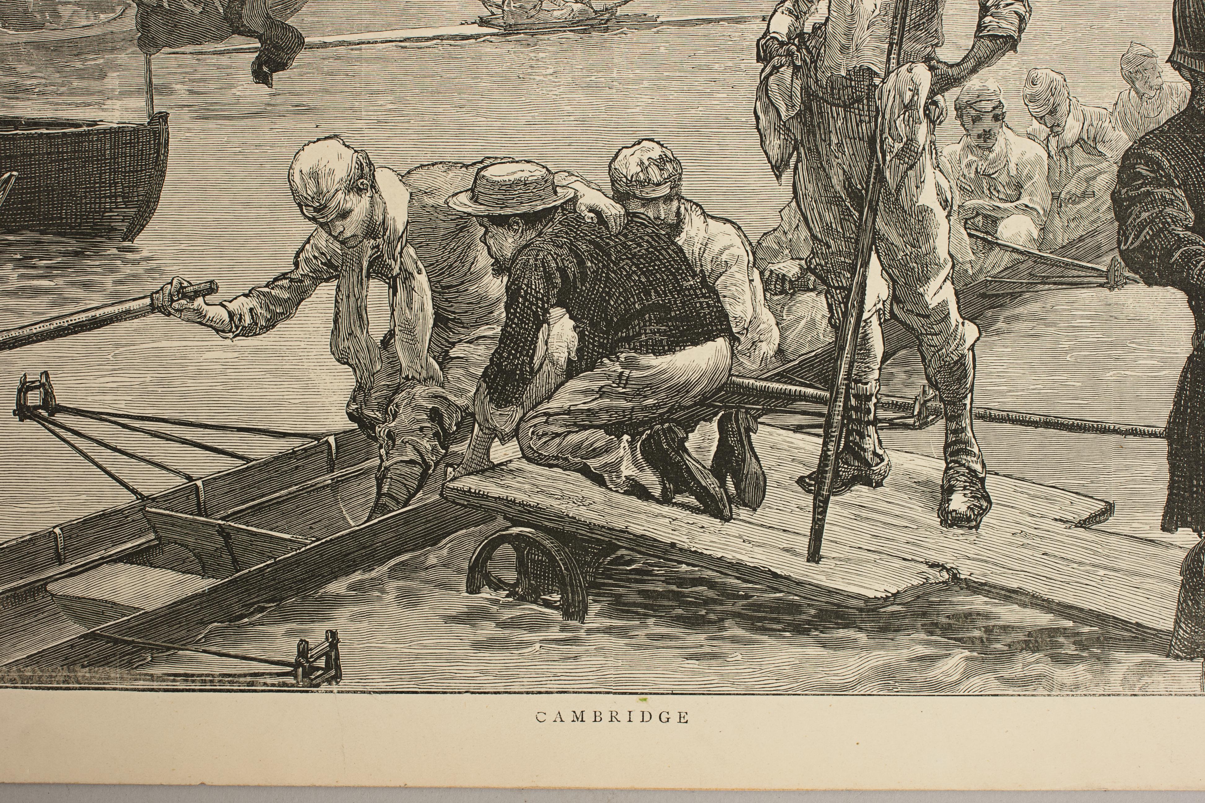Cambridge preparing for the boat race.
A wonderful atmospheric rowing lithograph of the Cambridge crew getting into a rowing scull preparing for a race. Five crew members are already seated, the six is climbing into the rowing scull and a seventh