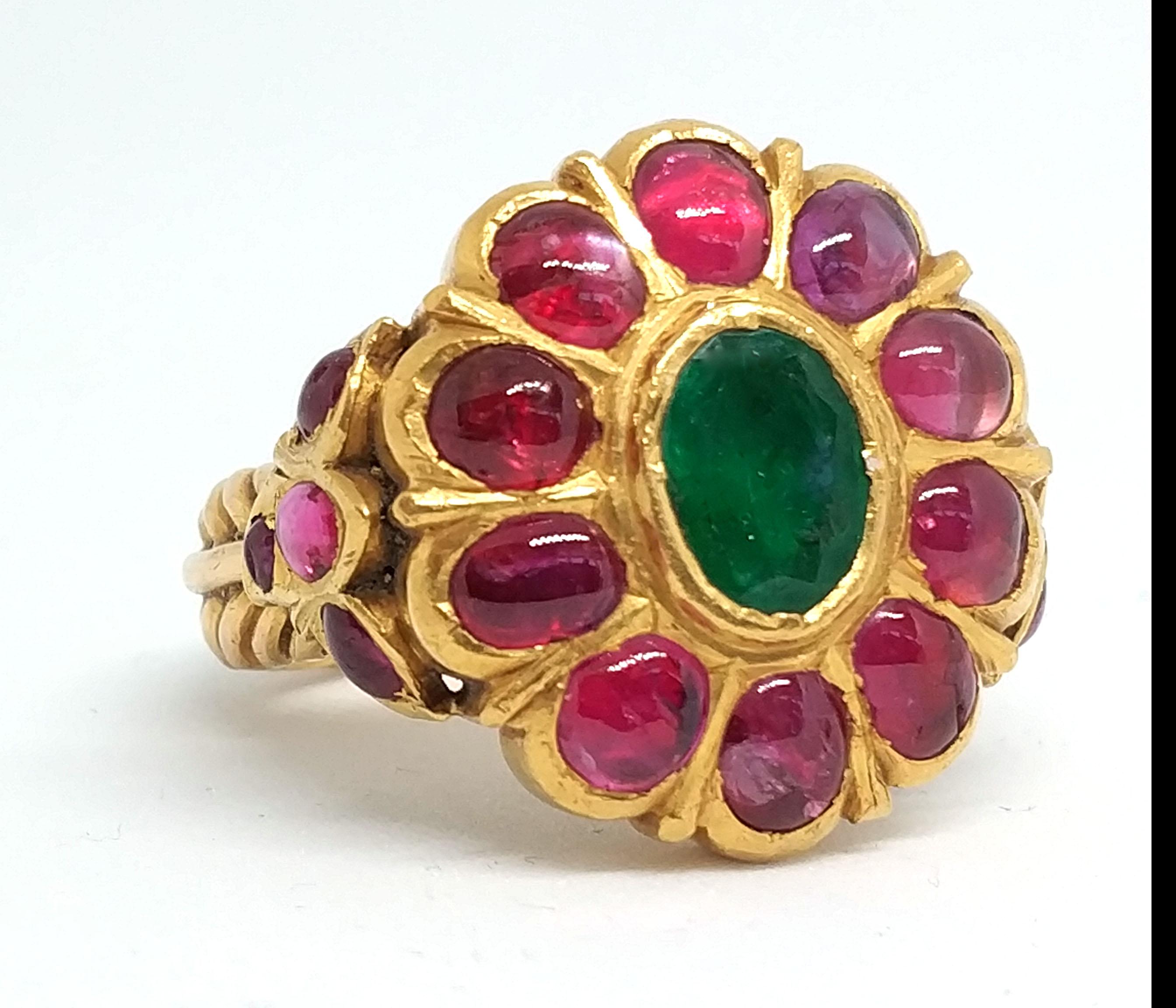 Extremely beautiful antique ring circa early 20th century
Possibly Indian/ Persian origin as per experts of a famous auction house 
Almost 5.5 carat ruby and 3 carat emerald
Weight of gemstones is an approximate because the stones cannot be taken