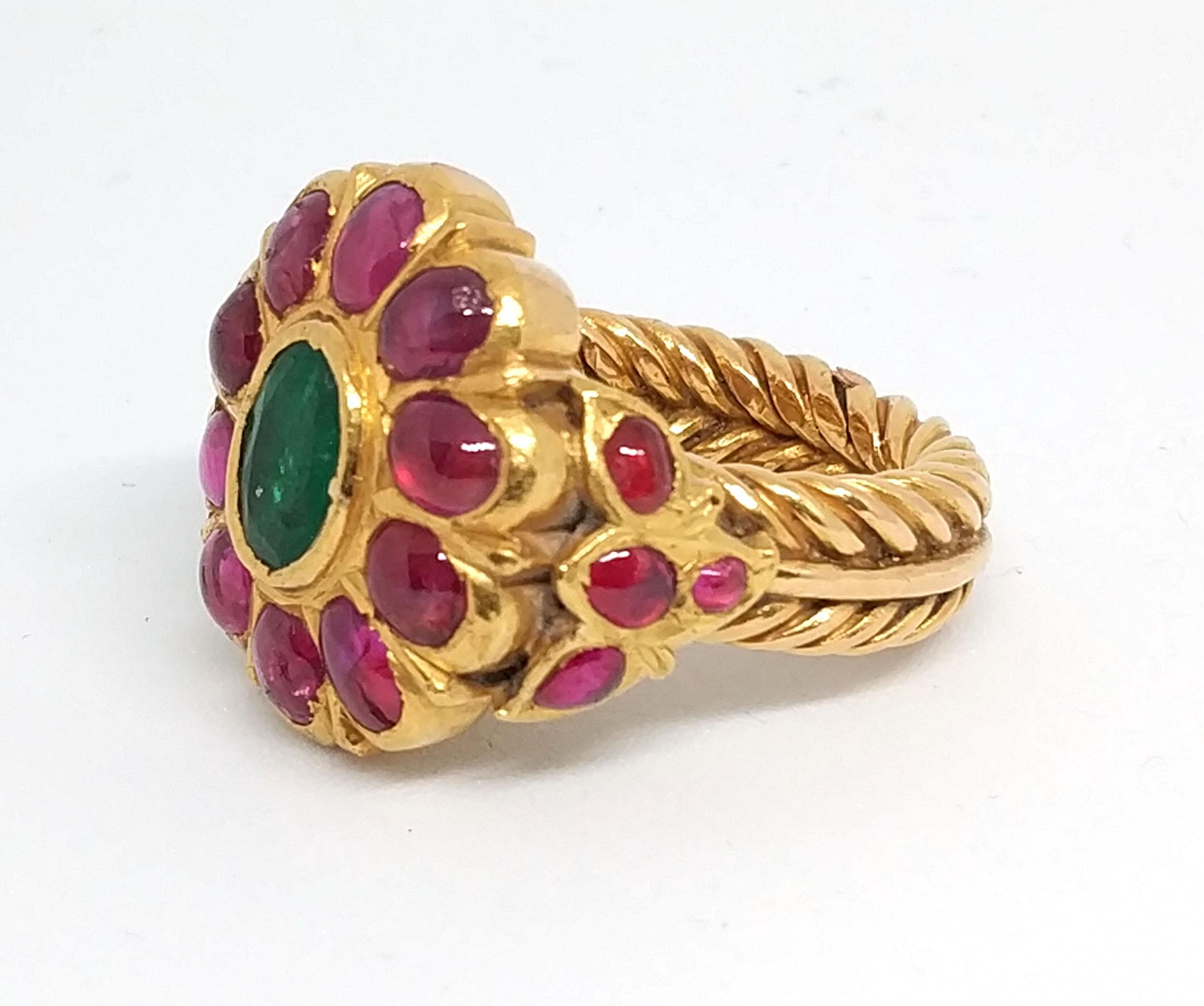 Anglo-Indian Antique Royal 5.5 carat Ruby and 3 carat Emerald Ring in 23 Carat Gold For Sale