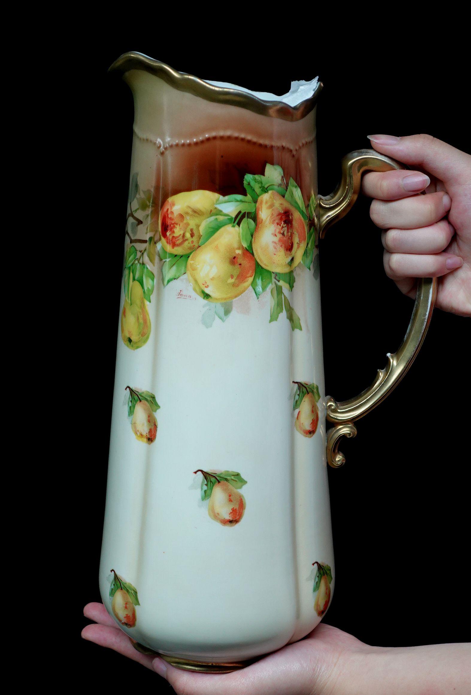 A wonderful antique Royal Austria Large Tankard absolutely 100% hand-painted fruits, pears in yellow and orange presentation, and rich green leaves, delicate arrangement of the composition, some single pear painted randomly on the tankard throughout