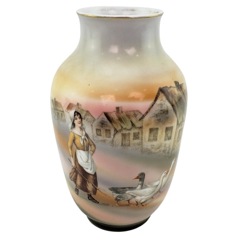 Antique Royal Bayreuth Hand-Painted Vase with a Woman & Ducks  For Sale
