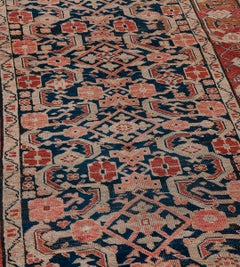 Antique Royal-Blue and Terracotta-Pink Floral Wool Caucasian Karabagh Runner