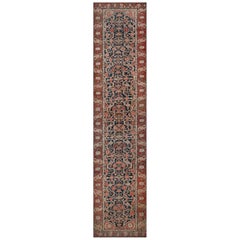 Antique Royal-Blue and Terracotta-Pink Floral Wool Caucasian Karabagh Runner
