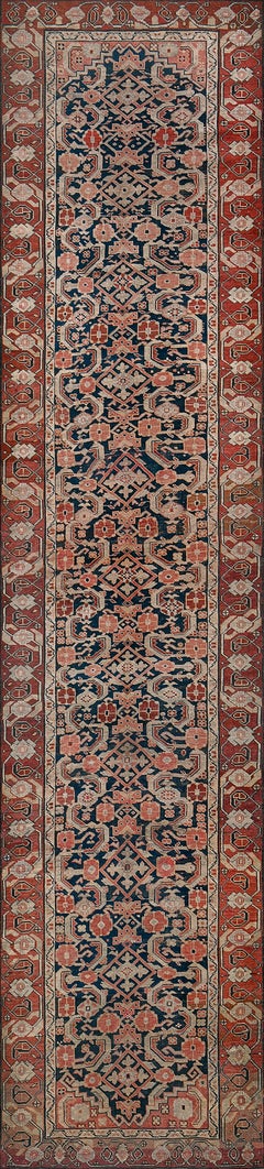 Antique Royal-Blue and Terracotta-Pink Floral Wool Caucasian Karabagh Runner