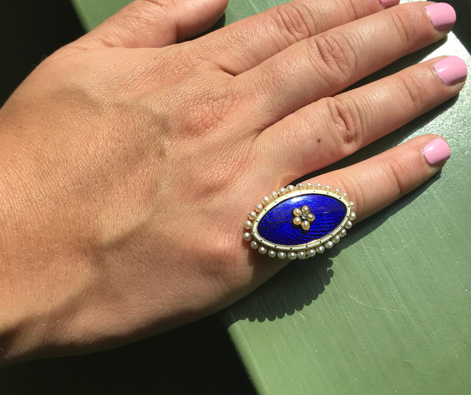 Women's Antique Royal Blue Enamel and Pearl Ring