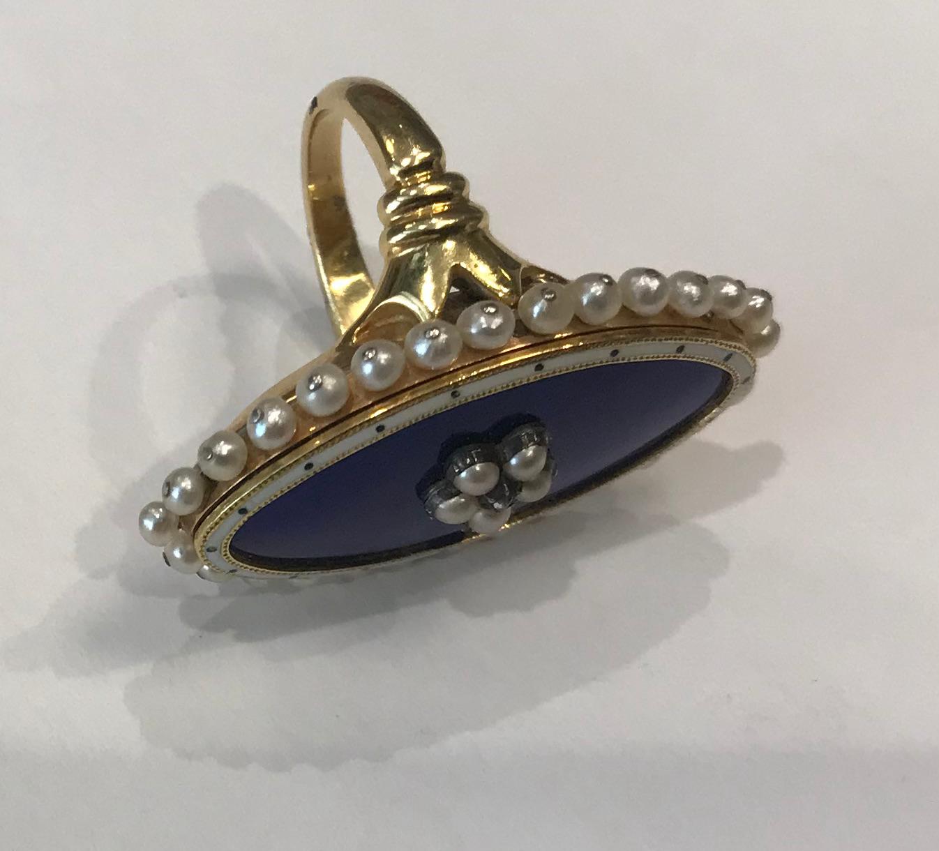 Antique Royal Blue Enamel and Pearl Ring 1