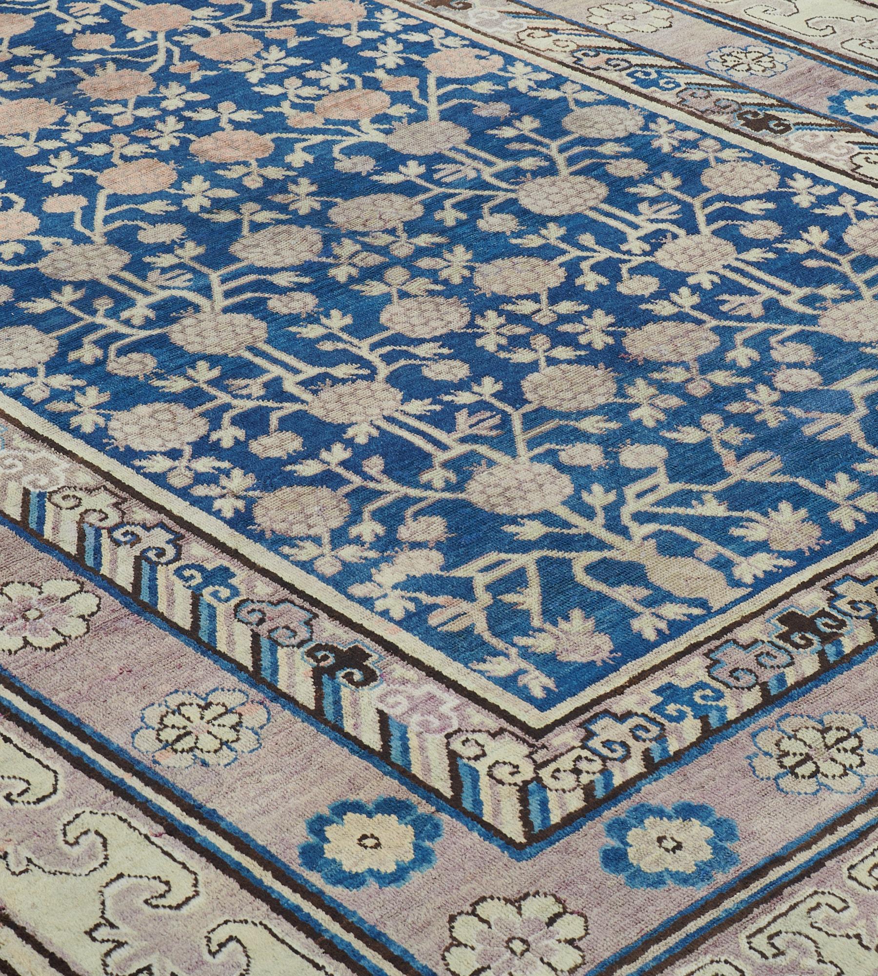 East Turkestani Antique Royal Blue Handwoven Wool Pomegranate Khotan Rug For Sale