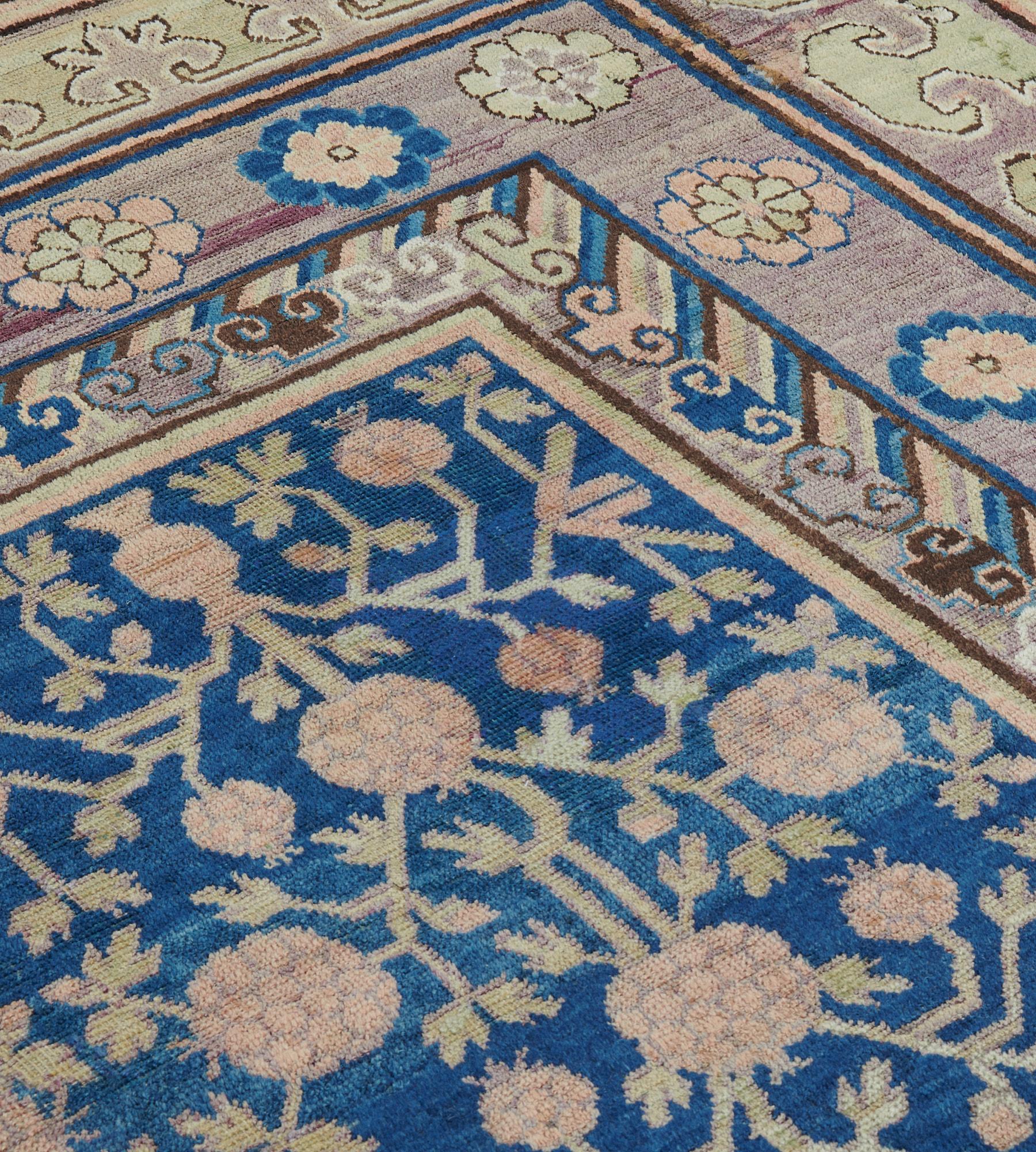 19th Century Antique Royal Blue Handwoven Wool Pomegranate Khotan Rug For Sale