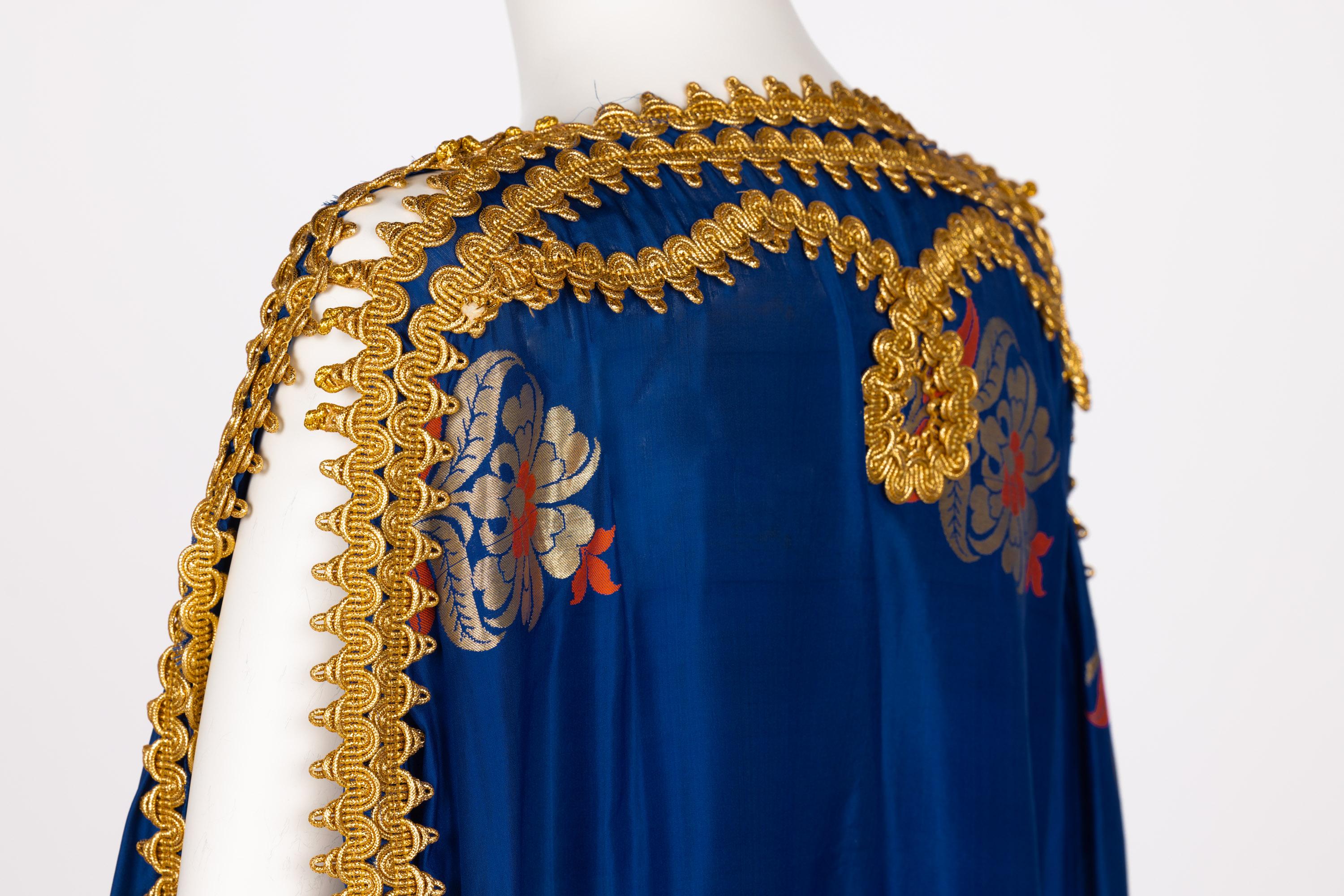 Antique  Royal Blue Silk Gold Embroidered Caftan Dress For Sale 5