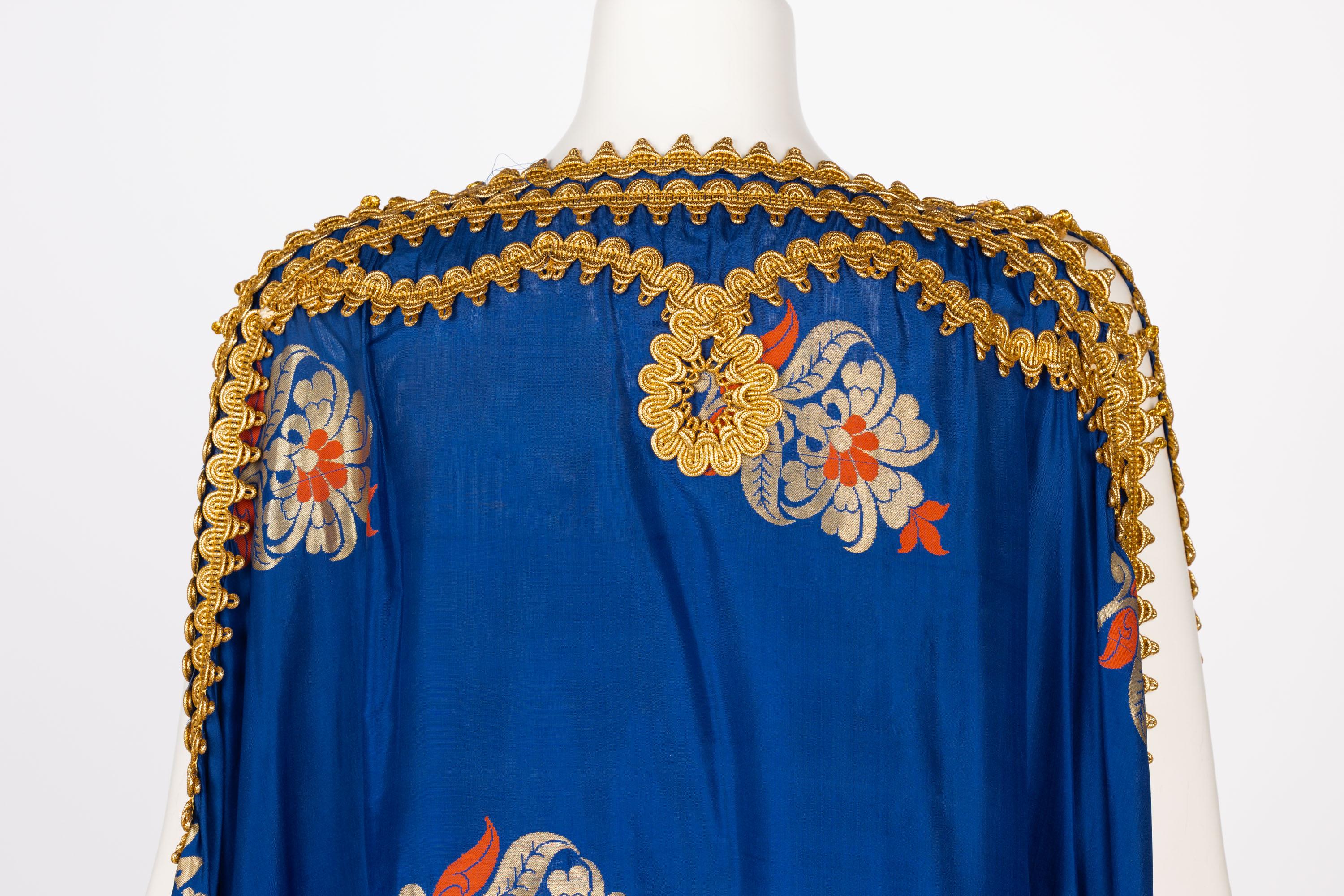 Antique  Royal Blue Silk Gold Embroidered Caftan Dress For Sale 6