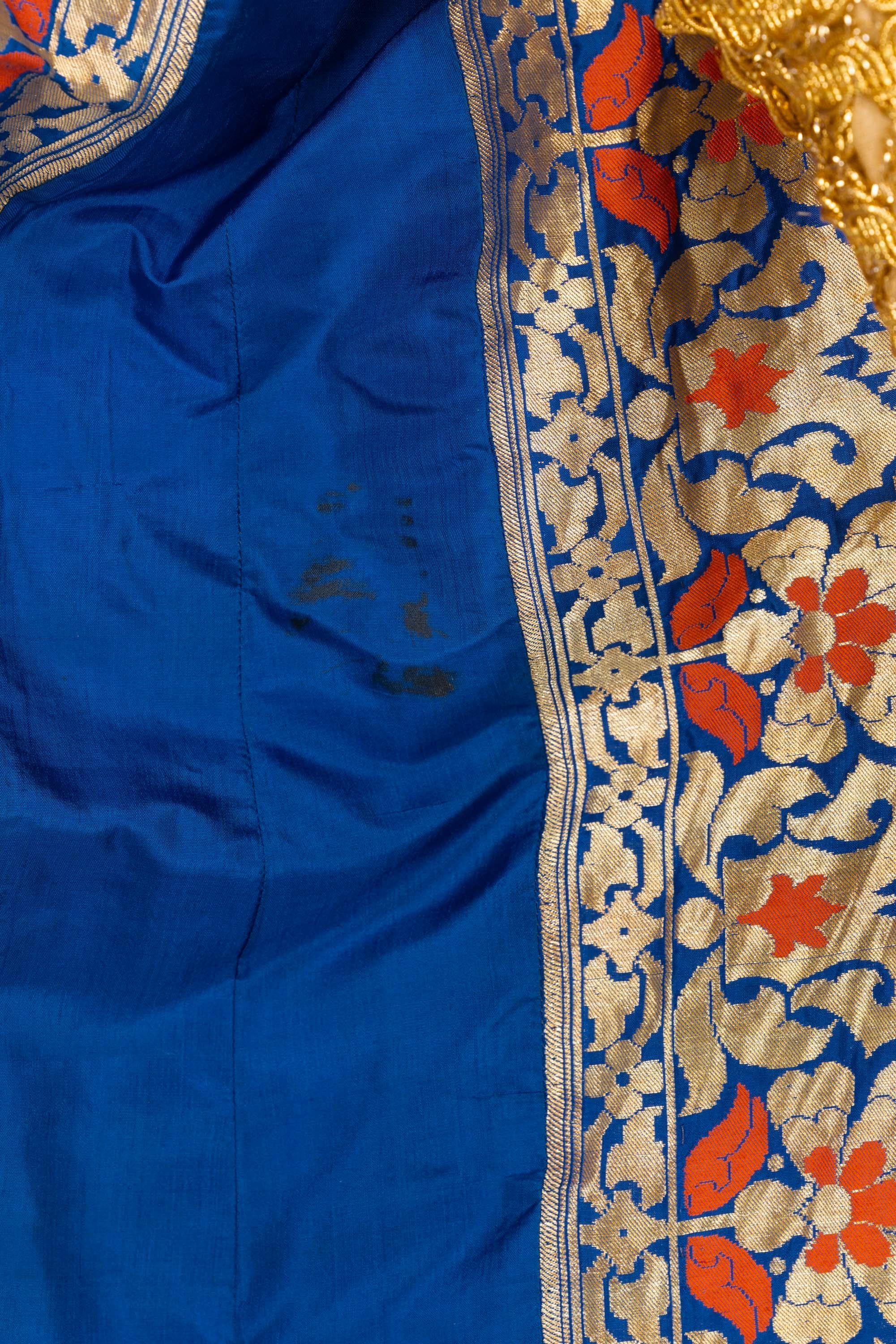 Antique  Royal Blue Silk Gold Embroidered Caftan Dress For Sale 7