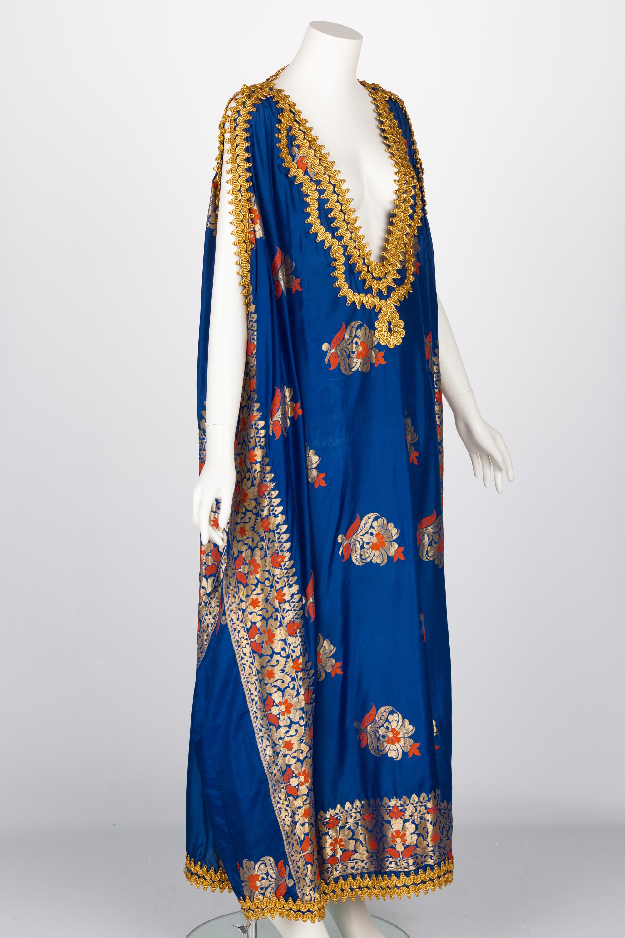 Antique  Royal Blue Silk Gold Embroidered Caftan Dress In Excellent Condition For Sale In Boca Raton, FL