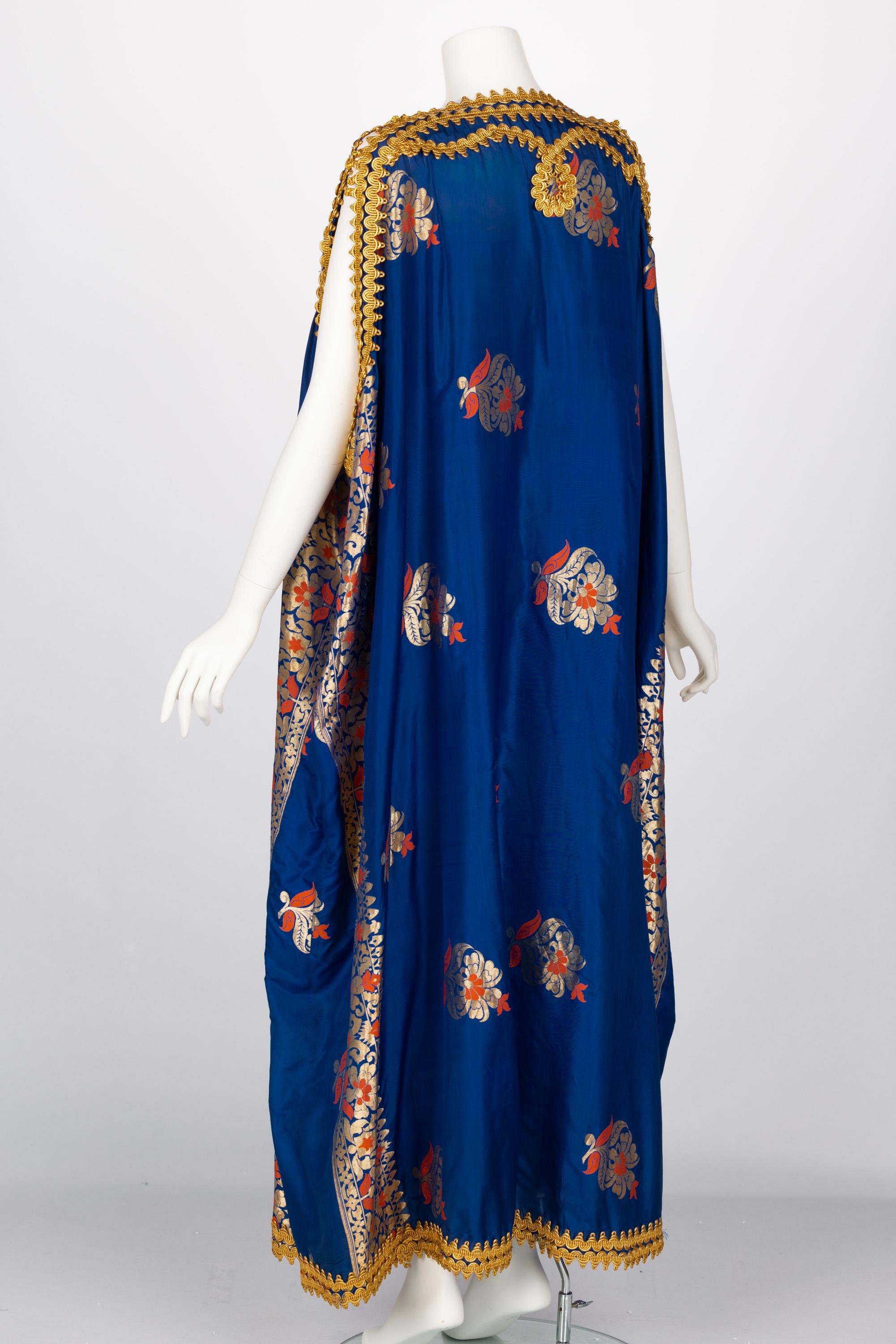 Women's Antique  Royal Blue Silk Gold Embroidered Caftan Dress For Sale
