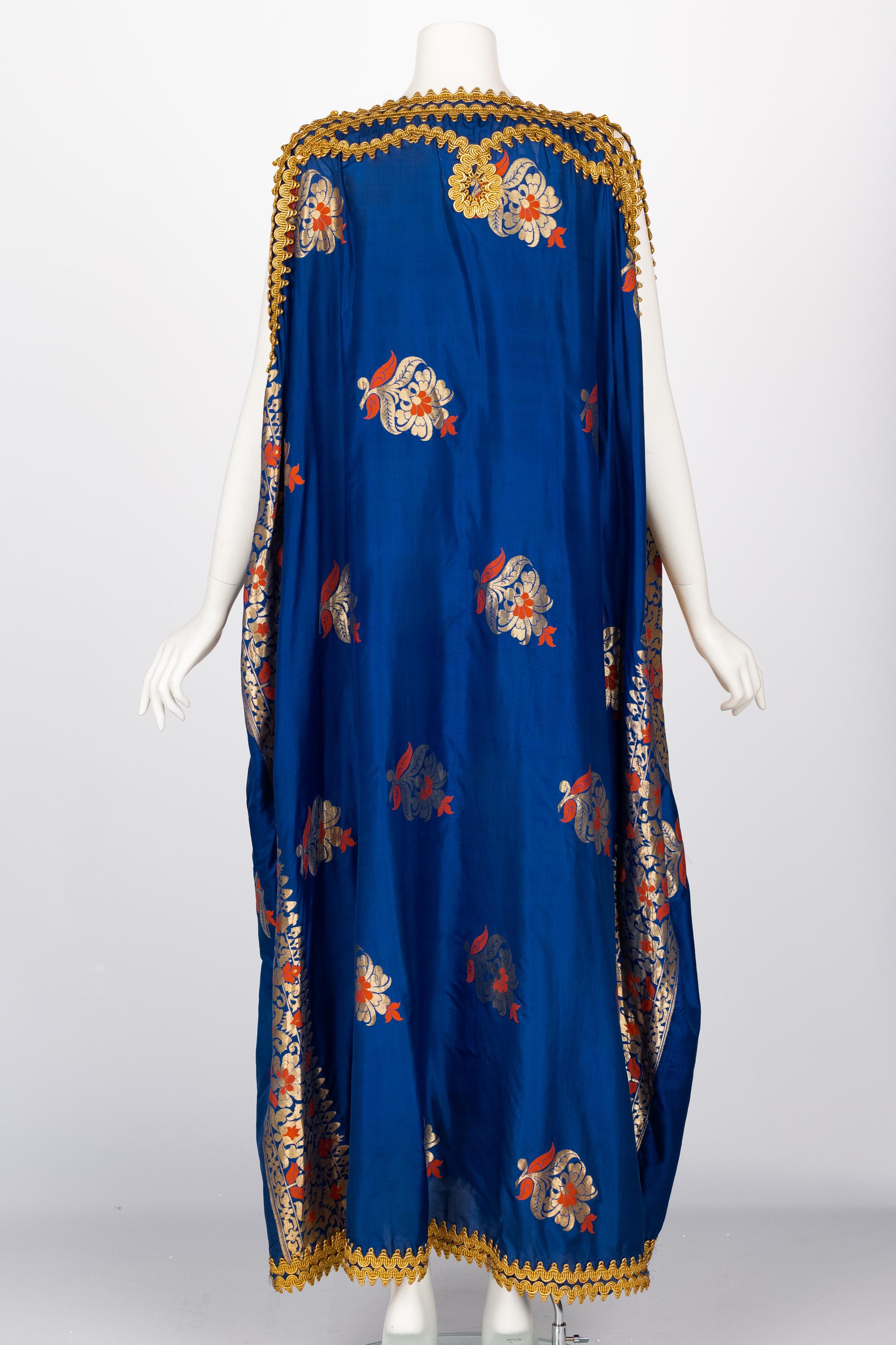 Antique  Royal Blue Silk Gold Embroidered Caftan Dress For Sale 1