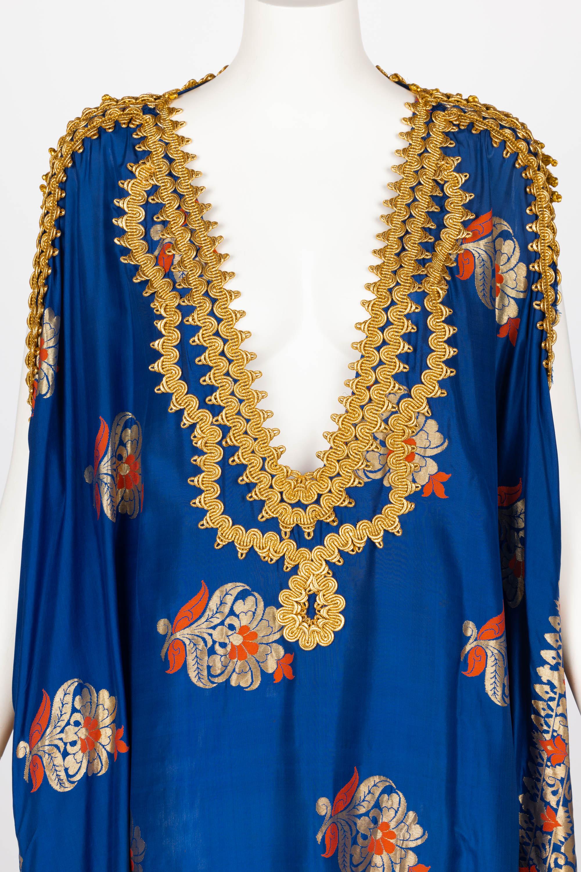 Antique  Royal Blue Silk Gold Embroidered Caftan Dress For Sale 2