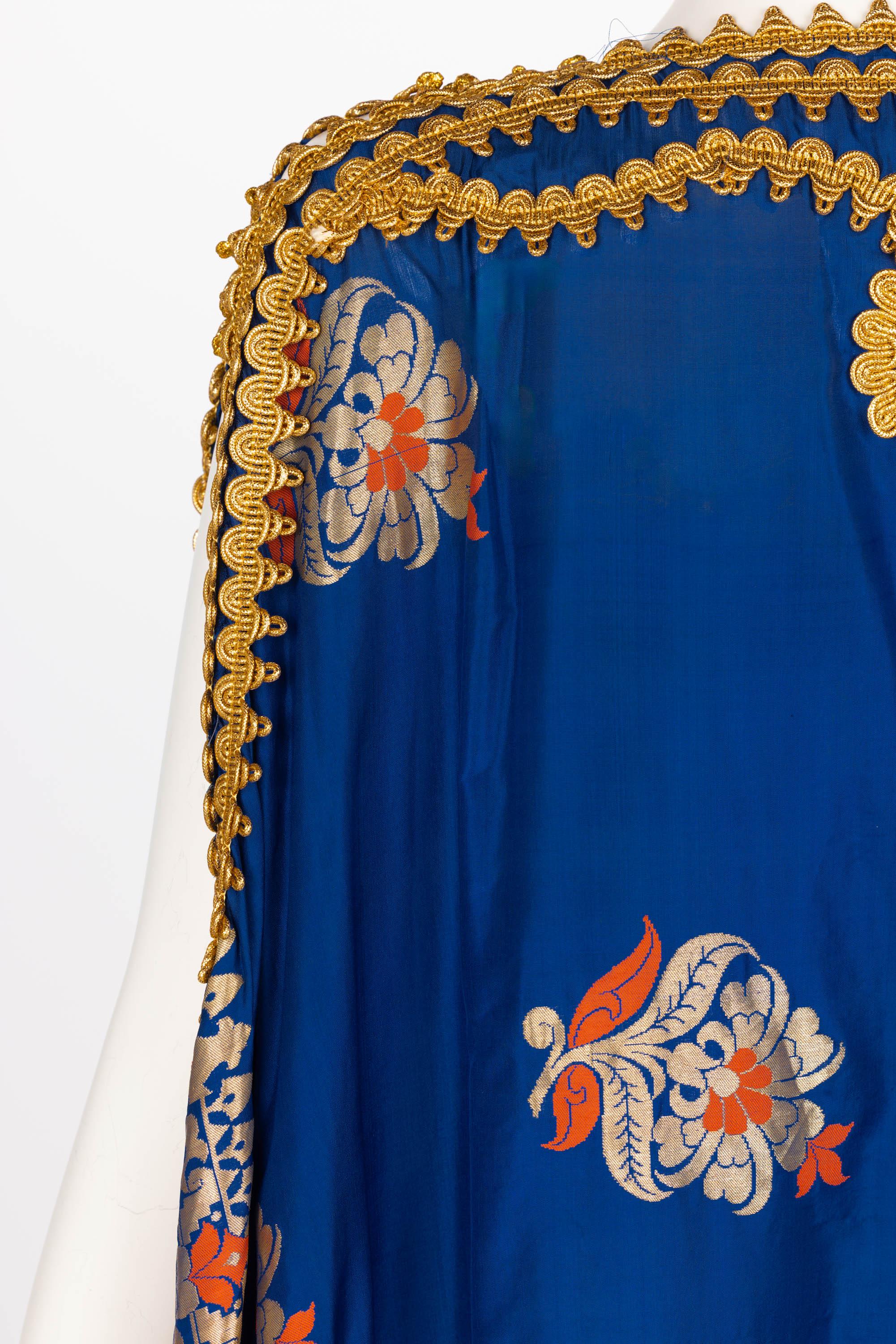 Antique  Royal Blue Silk Gold Embroidered Caftan Dress For Sale 3