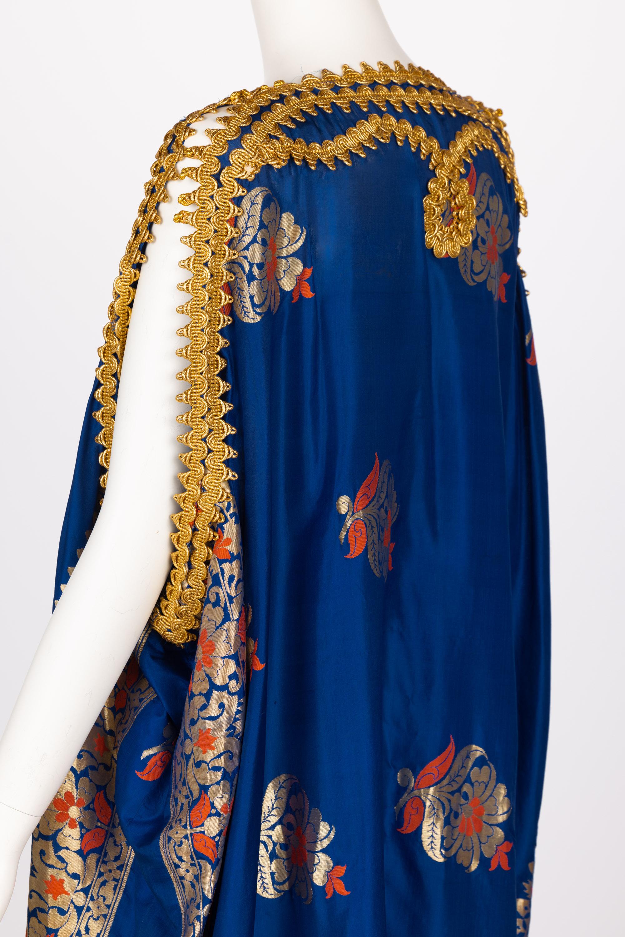 Antique  Royal Blue Silk Gold Embroidered Caftan Dress For Sale 4