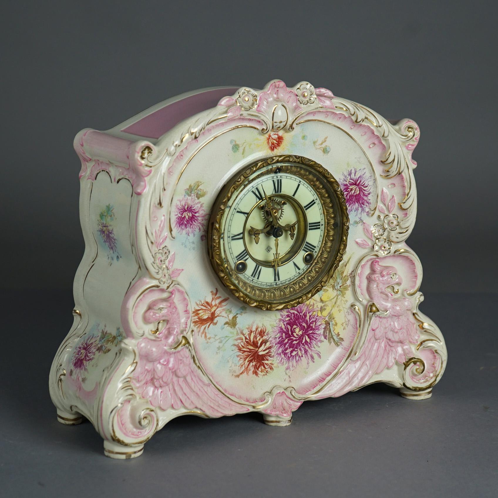 Antique Royal Bonn Hand Painted Porcelain Open Escapement Mantel Clock 19thC 10