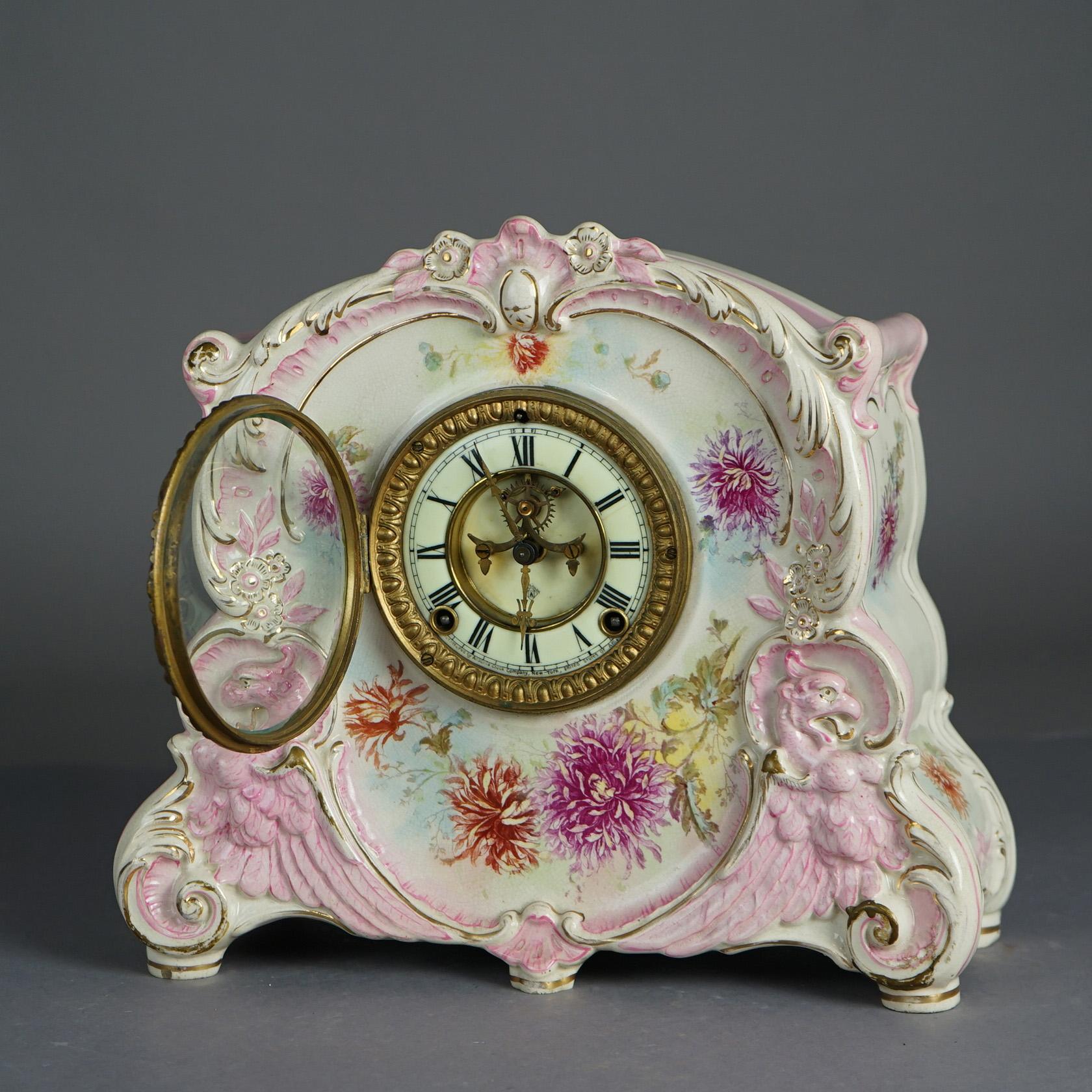 Antique Royal Bonn Hand Painted Porcelain Open Escapement Mantel Clock 19thC 11