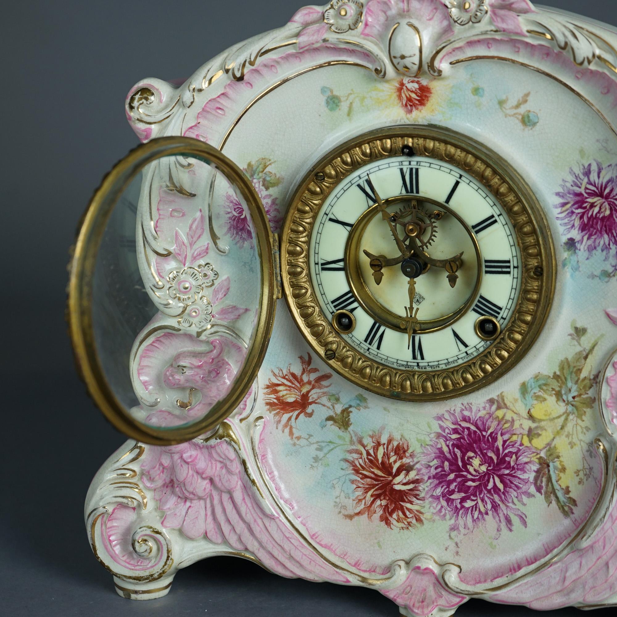 Antique Royal Bonn Hand Painted Porcelain Open Escapement Mantel Clock 19thC 12