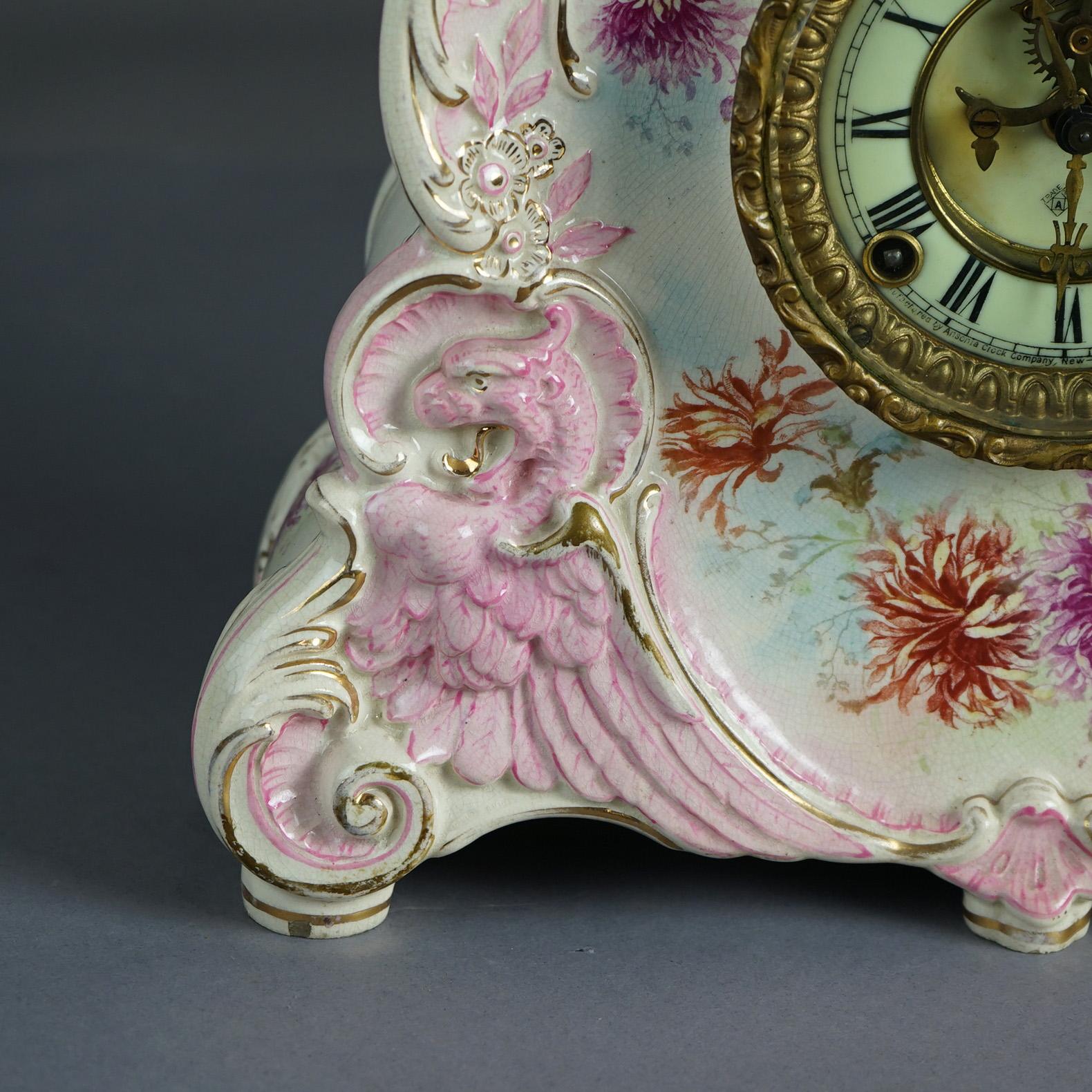 Antique Royal Bonn Hand Painted Porcelain Open Escapement Mantel Clock 19thC 14