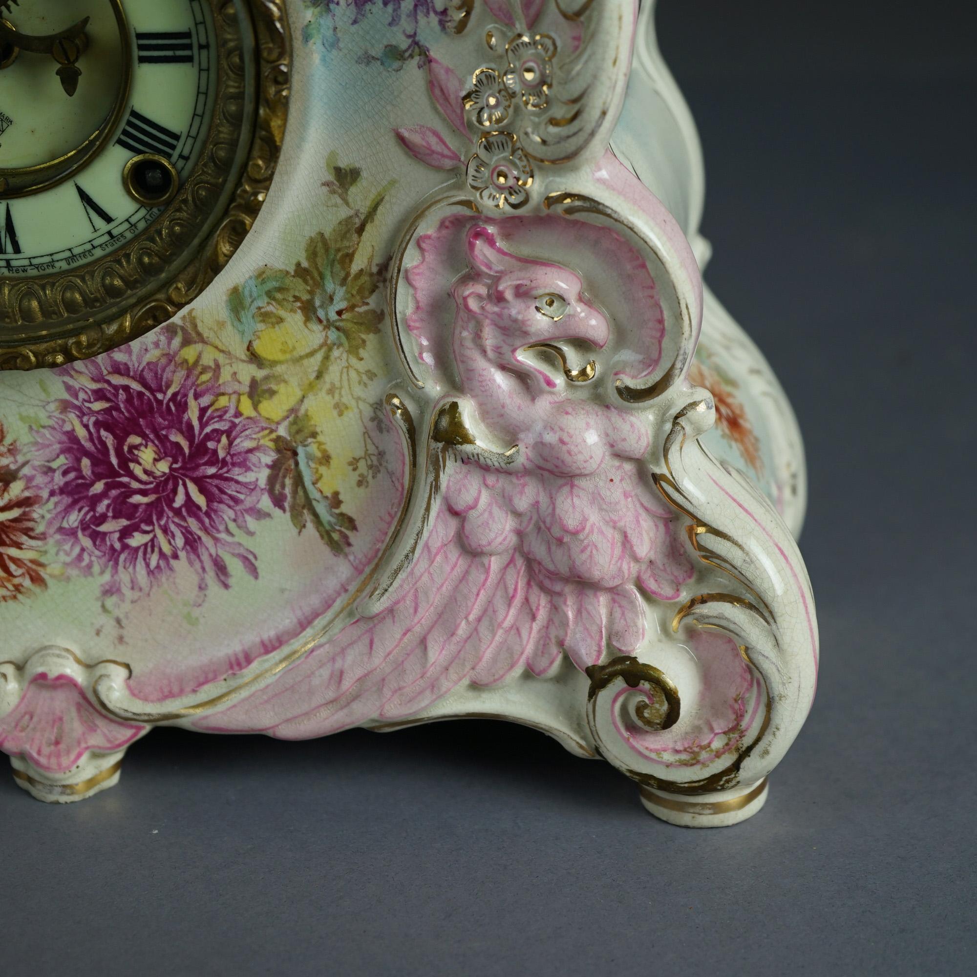 Antique Royal Bonn Hand Painted Porcelain Open Escapement Mantel Clock 19thC 15