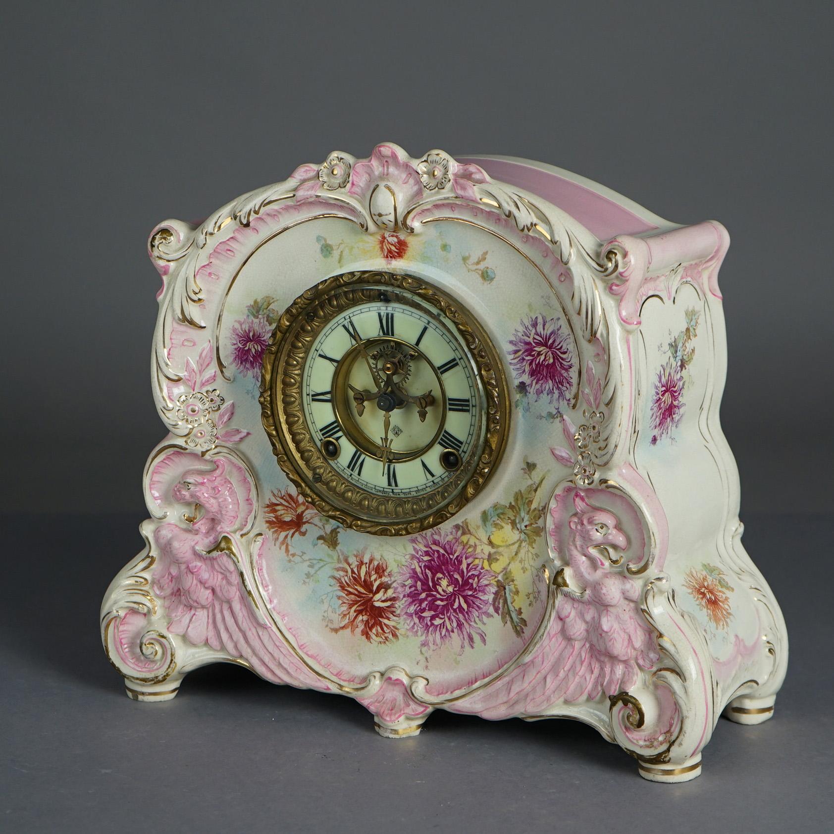Antique Royal Bonn Hand Painted Porcelain Open Escapement Mantel Clock 19thC In Good Condition In Big Flats, NY