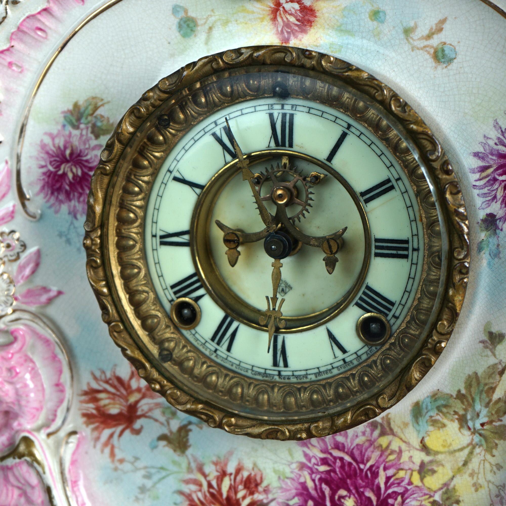 19th Century Antique Royal Bonn Hand Painted Porcelain Open Escapement Mantel Clock 19thC