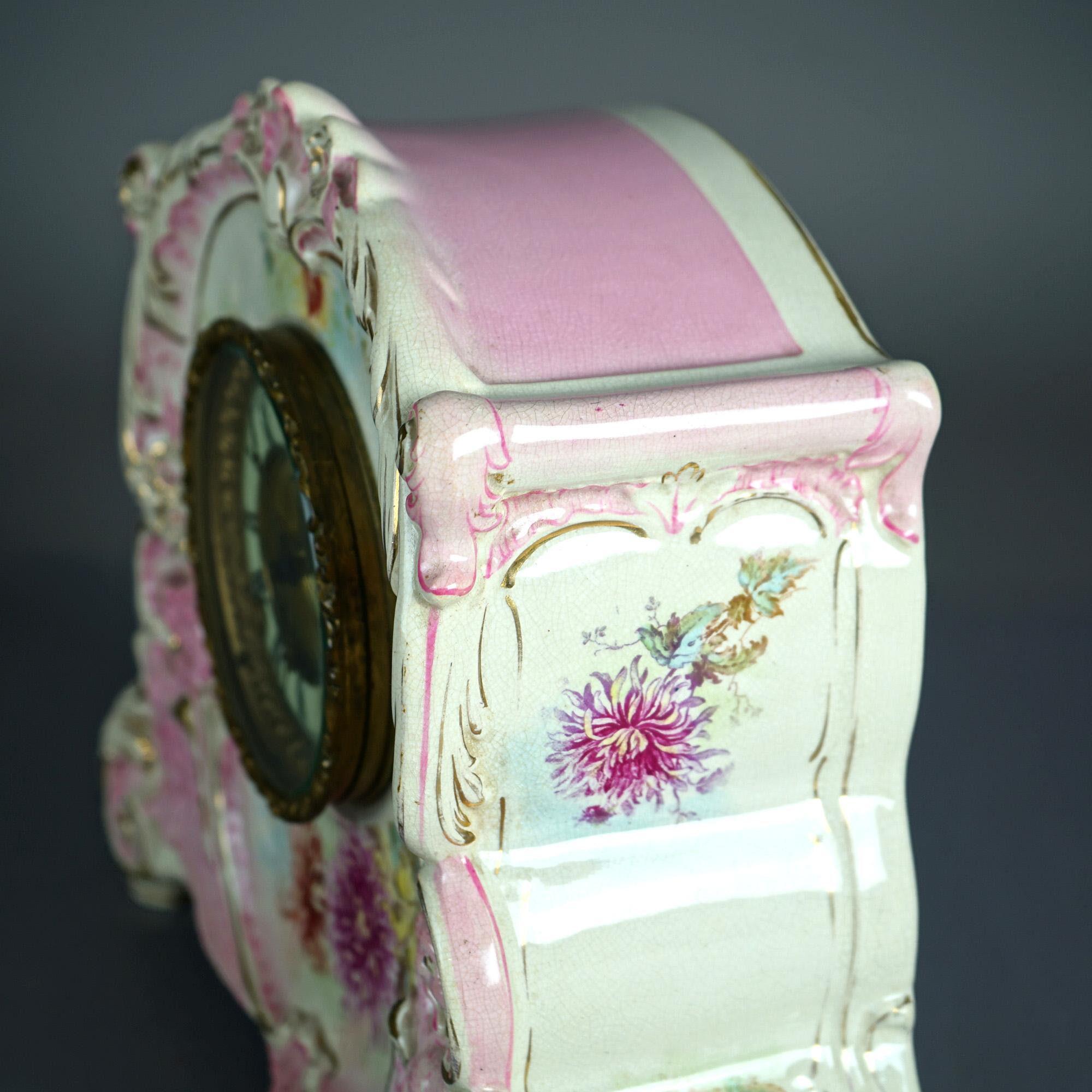 Antique Royal Bonn Hand Painted Porcelain Open Escapement Mantel Clock 19thC 2