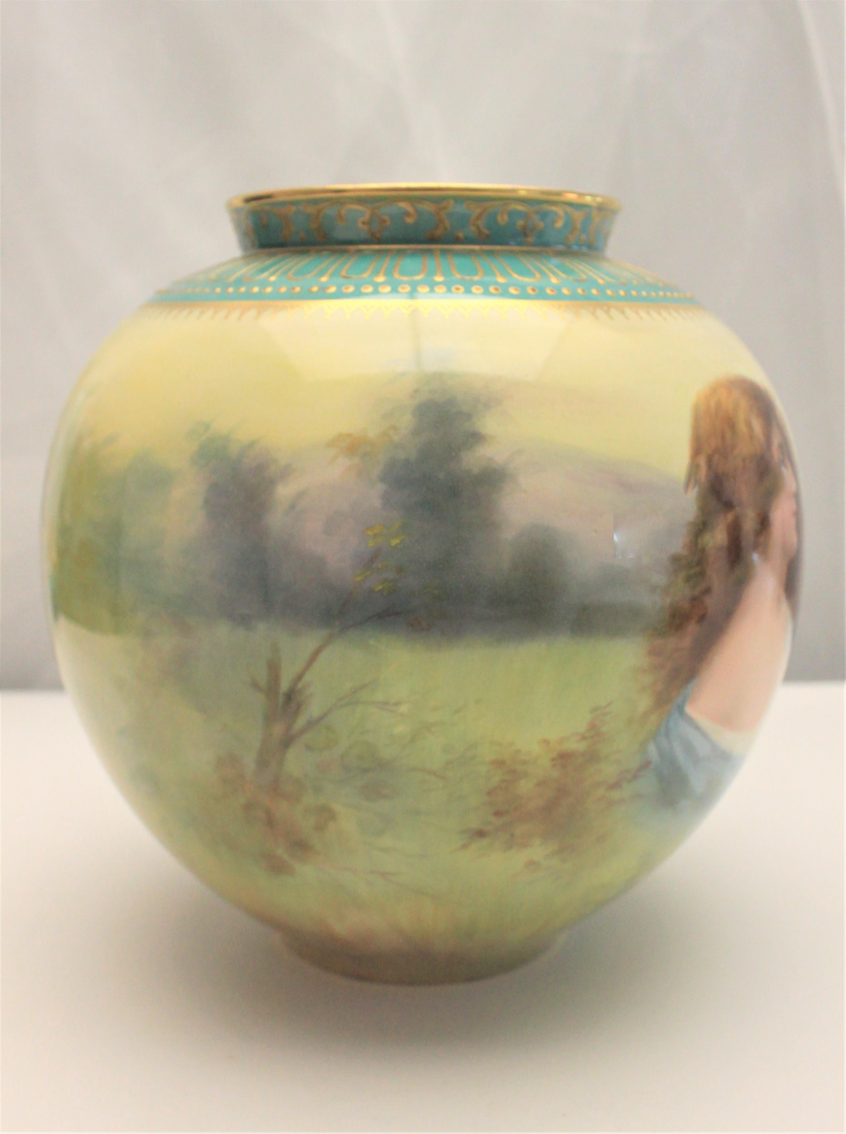 This portrait vase was made by Royal Bonn of Germany and dates between the years of 1880 and 1920. The vase is done in pastel hues with a very well executed portrait of a woman signed 