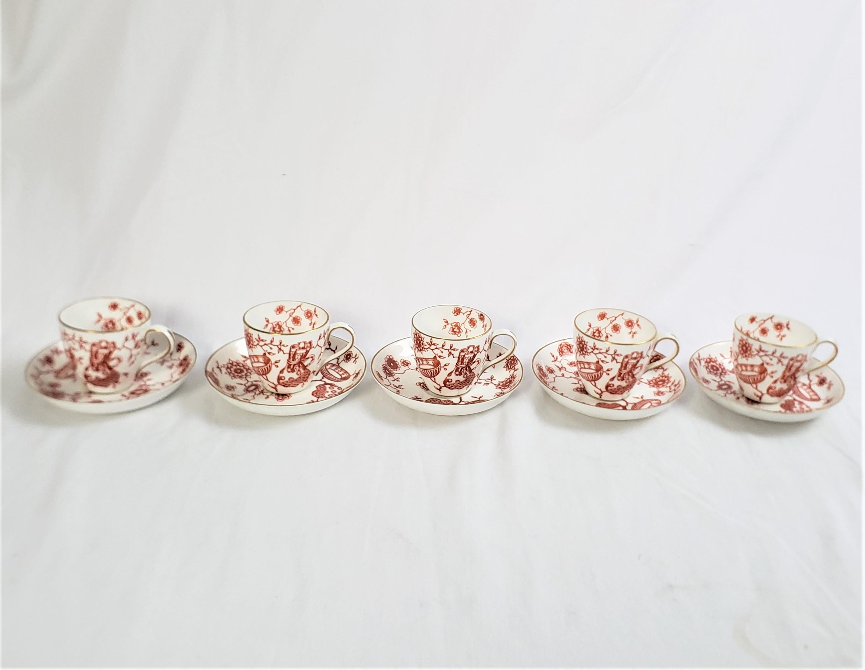 Hand-Painted Antique Royal Crown Derby Chinoiserie Styled Five Small Cup & Saucer Sets For Sale