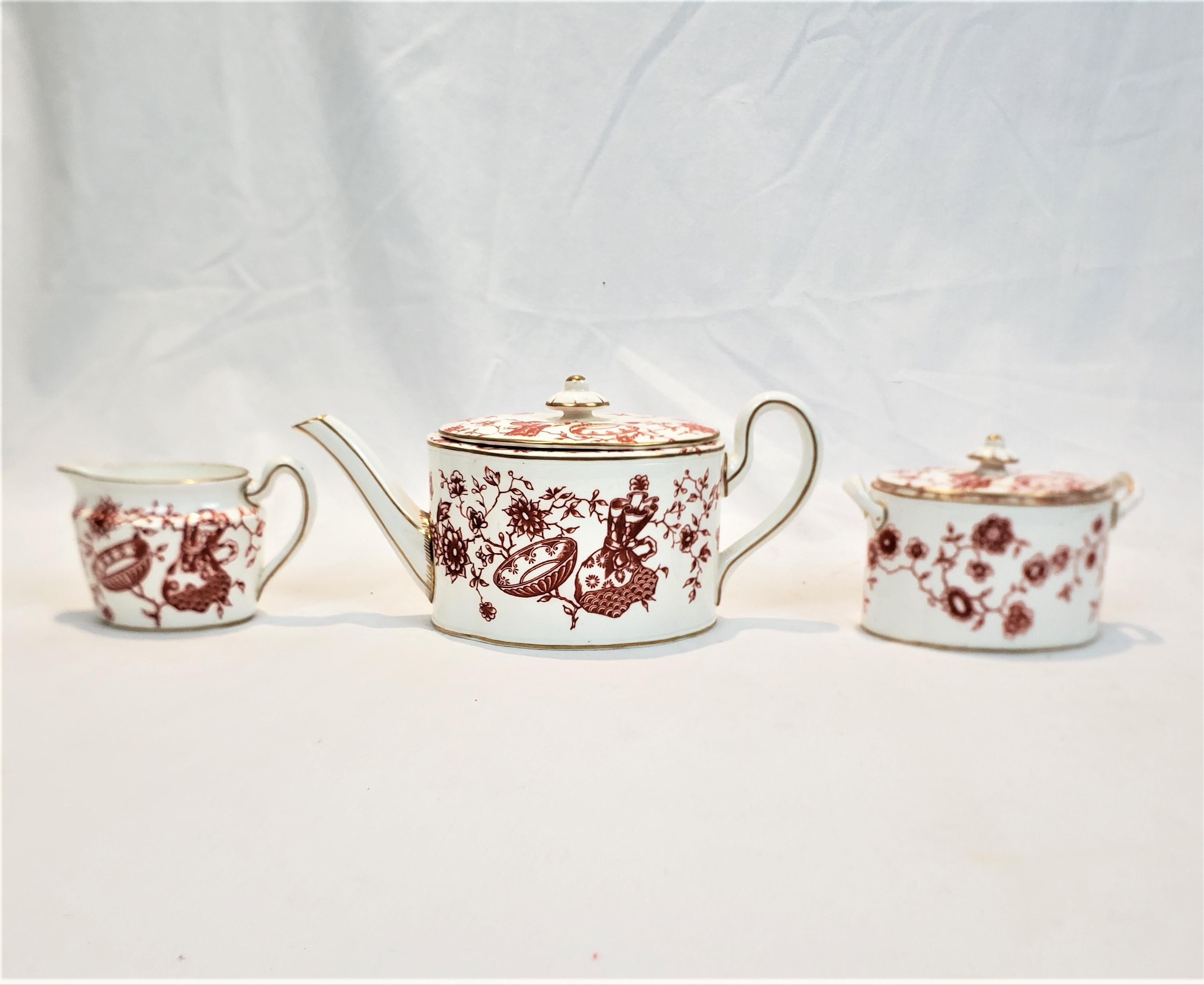 Porcelain Antique Royal Crown Derby Chinoiserie Styled Teapot, Cream & Sugar Set For Sale