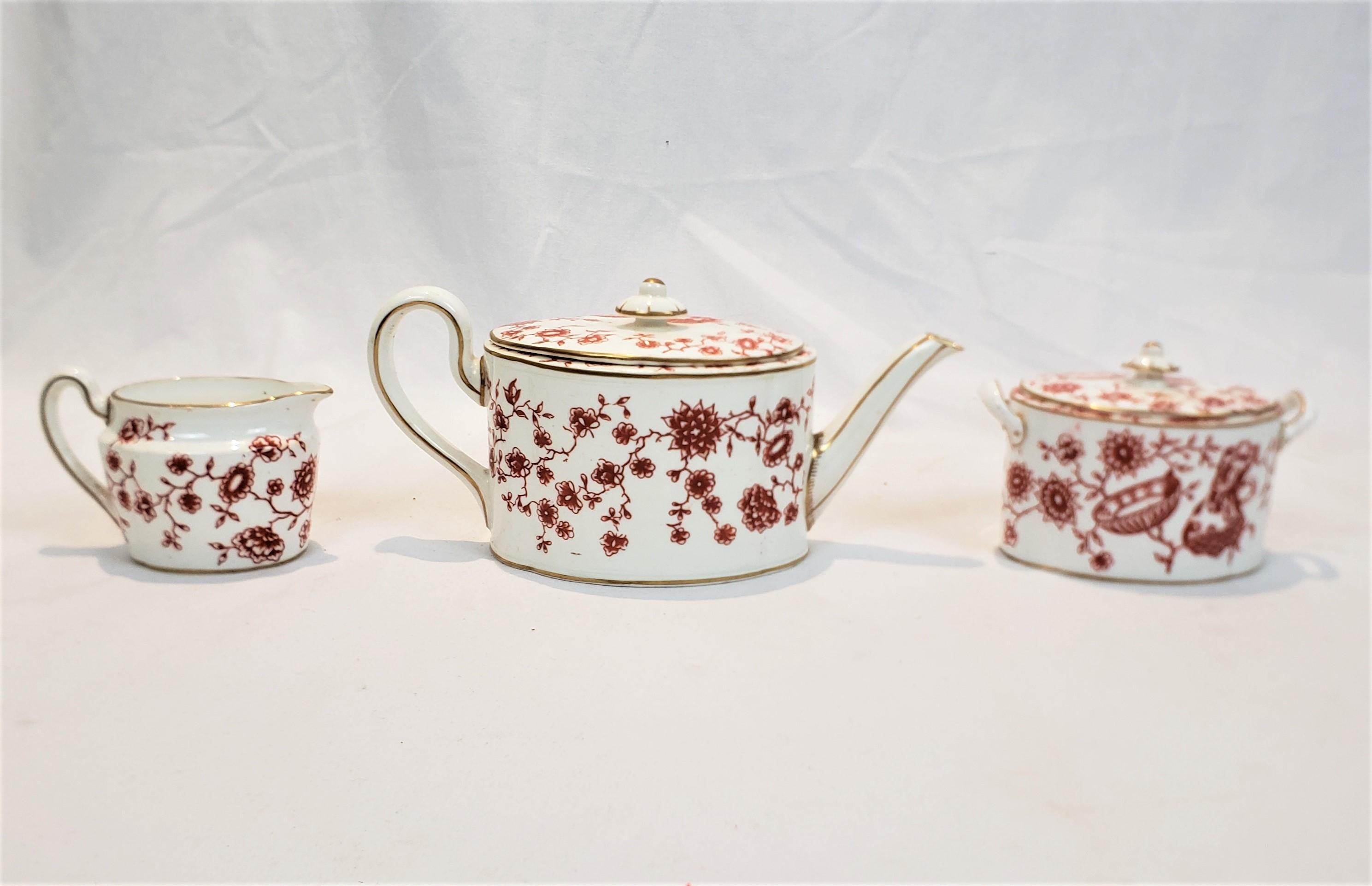 English Antique Royal Crown Derby Chinoiserie Styled Teapot, Cream & Sugar Set For Sale