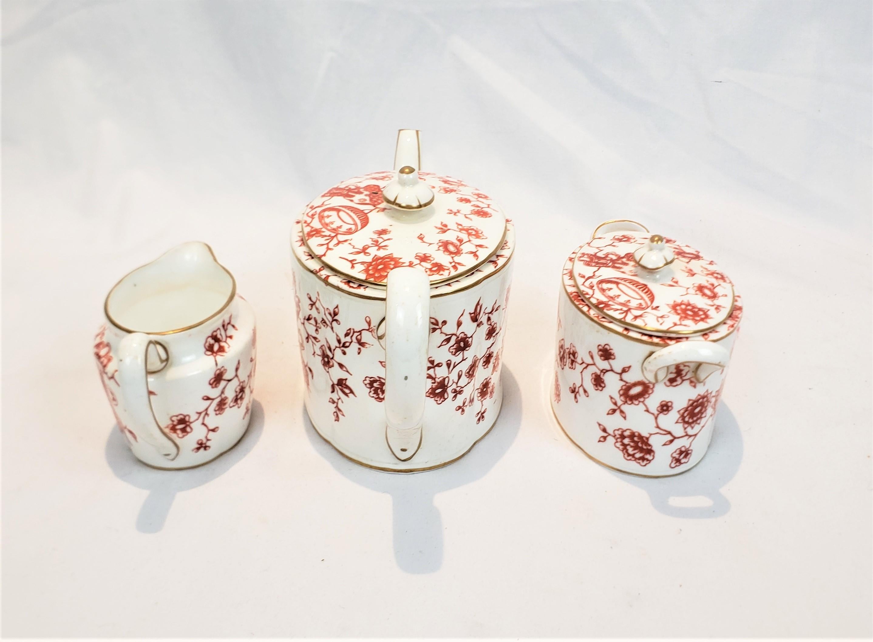Hand-Painted Antique Royal Crown Derby Chinoiserie Styled Teapot, Cream & Sugar Set For Sale