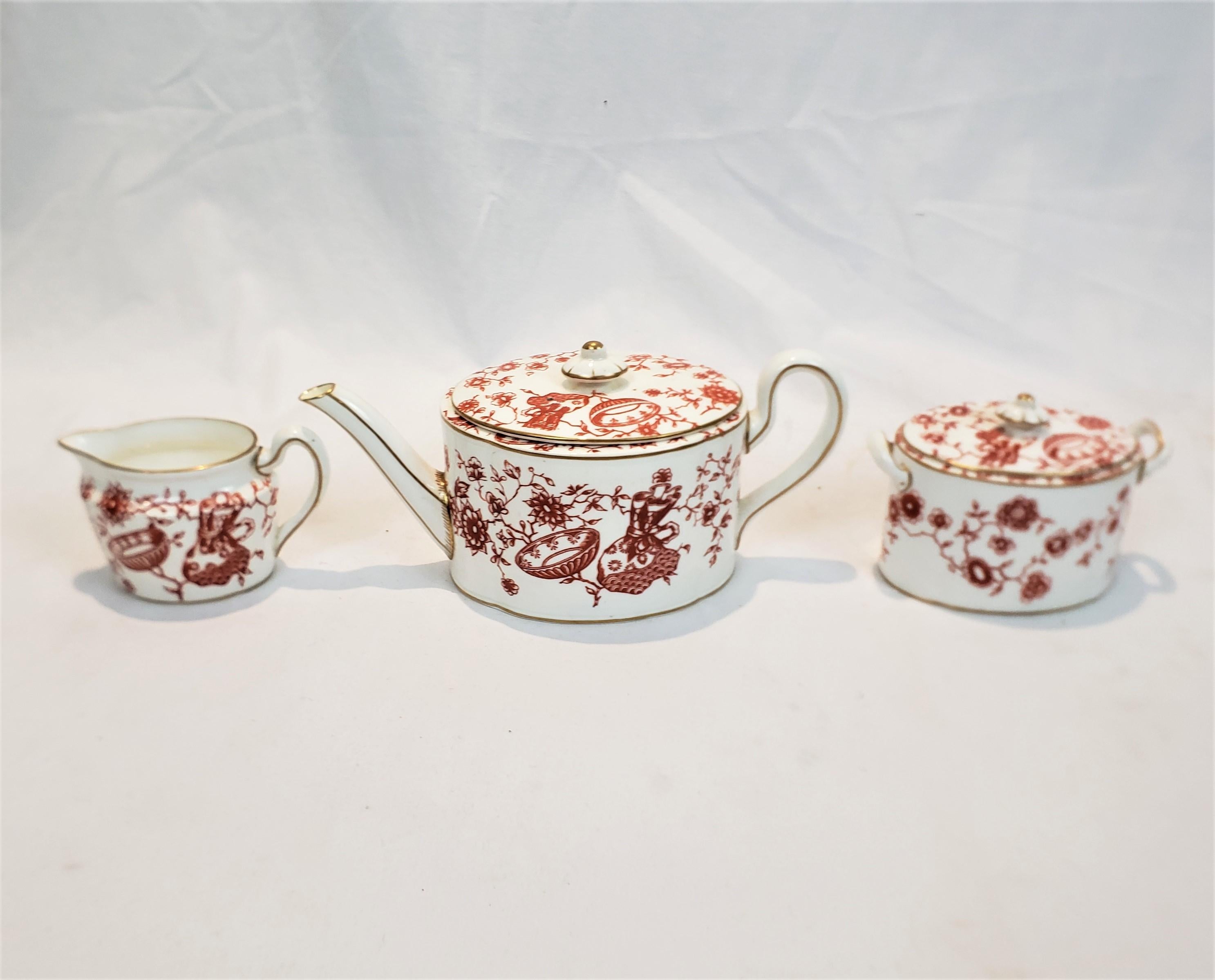 19th Century Antique Royal Crown Derby Chinoiserie Styled Teapot, Cream & Sugar Set For Sale