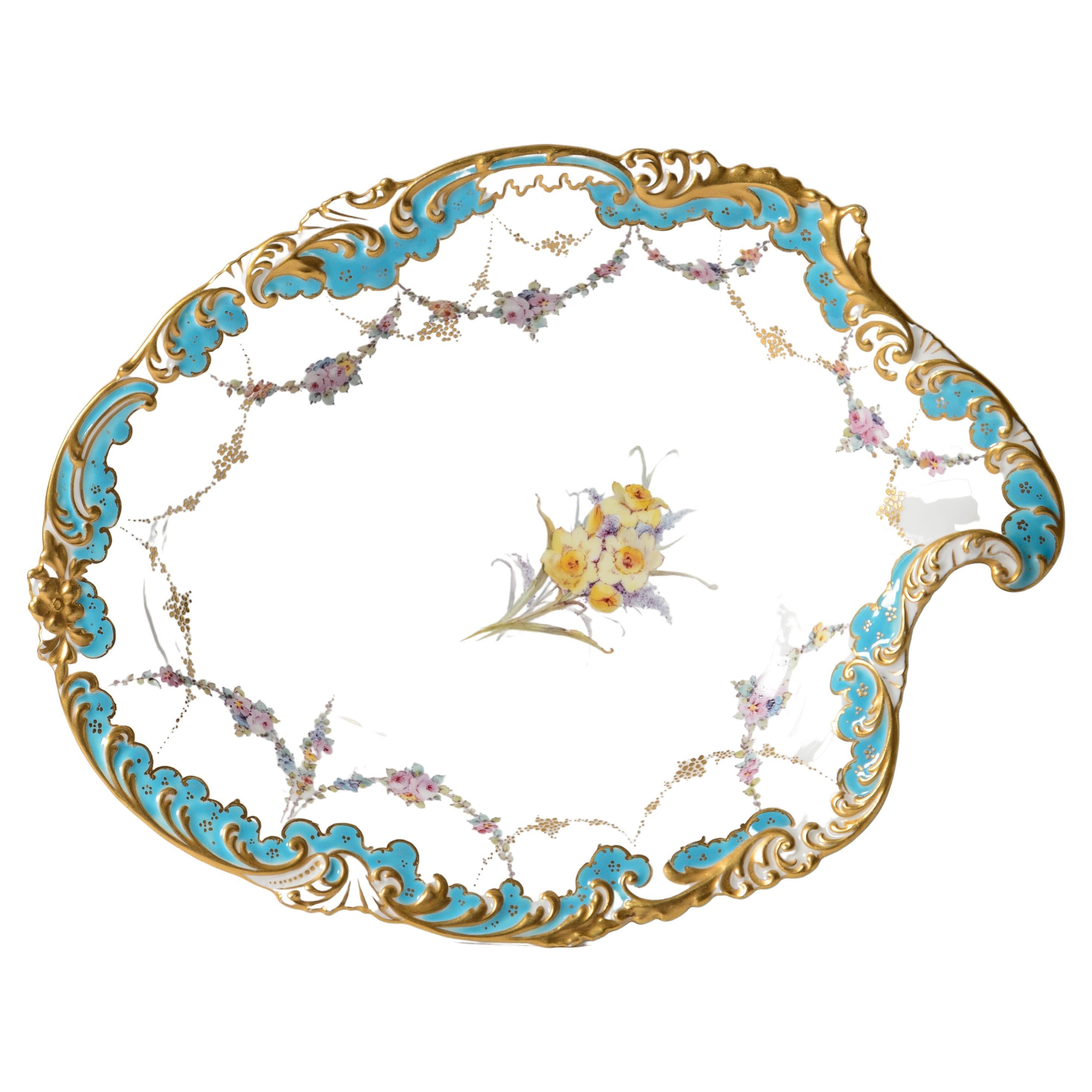 Antique Royal Crown Derby Pastry or Serving Dish, Turquoise & Gilt circa 1895 For Sale