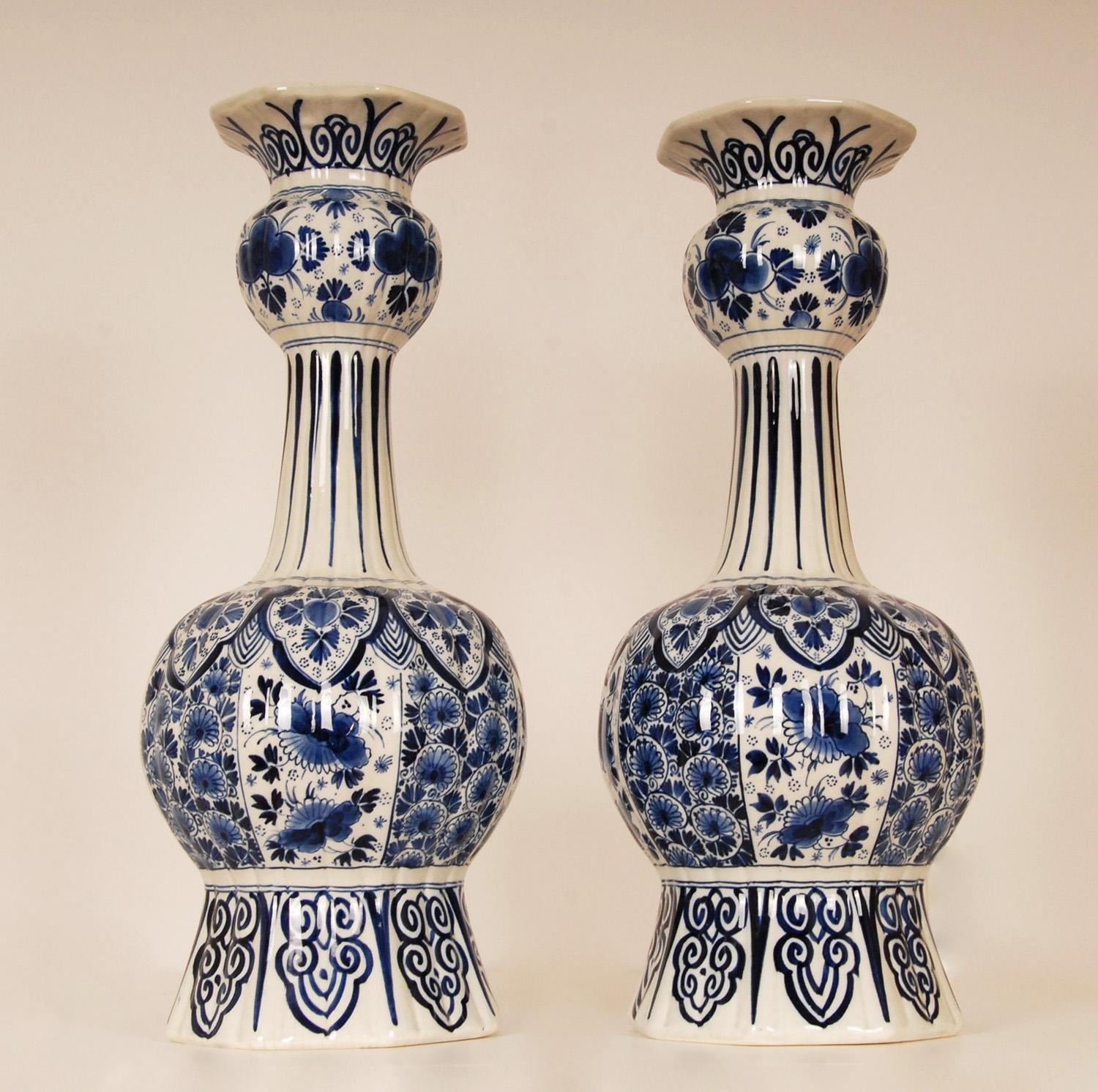 Baroque Revival Antique Royal Delft Vases Chinoiserie Blue White Knobble Vases Earthenware pair For Sale