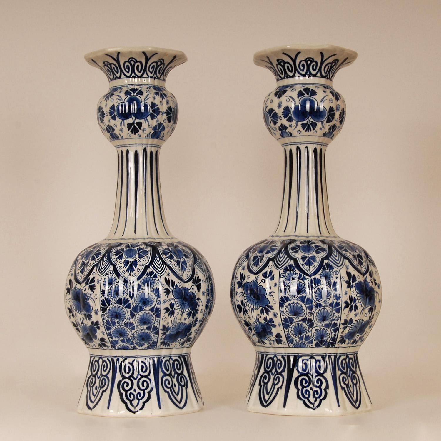 Dutch Antique Royal Delft Vases Chinoiserie Blue White Knobble Vases Earthenware pair For Sale