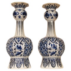 Antique Royal Delft Vases Chinoiserie Blue White Knobble Vases Earthenware pair