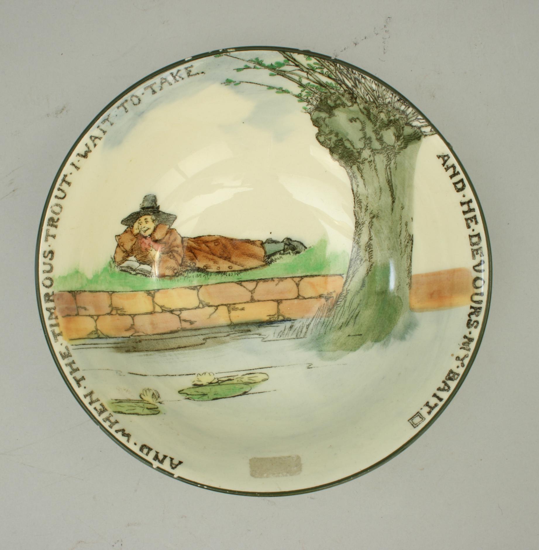 Vintage Royal Doulton fishing Ceramic.
A Royal Doulton Series Ware 'The Gallant Fishers' fishing bowl. The bowl is with a polychrome fishing scene of a fisherman lying on the river bank reading a book. The inscription around the edge reads 'And