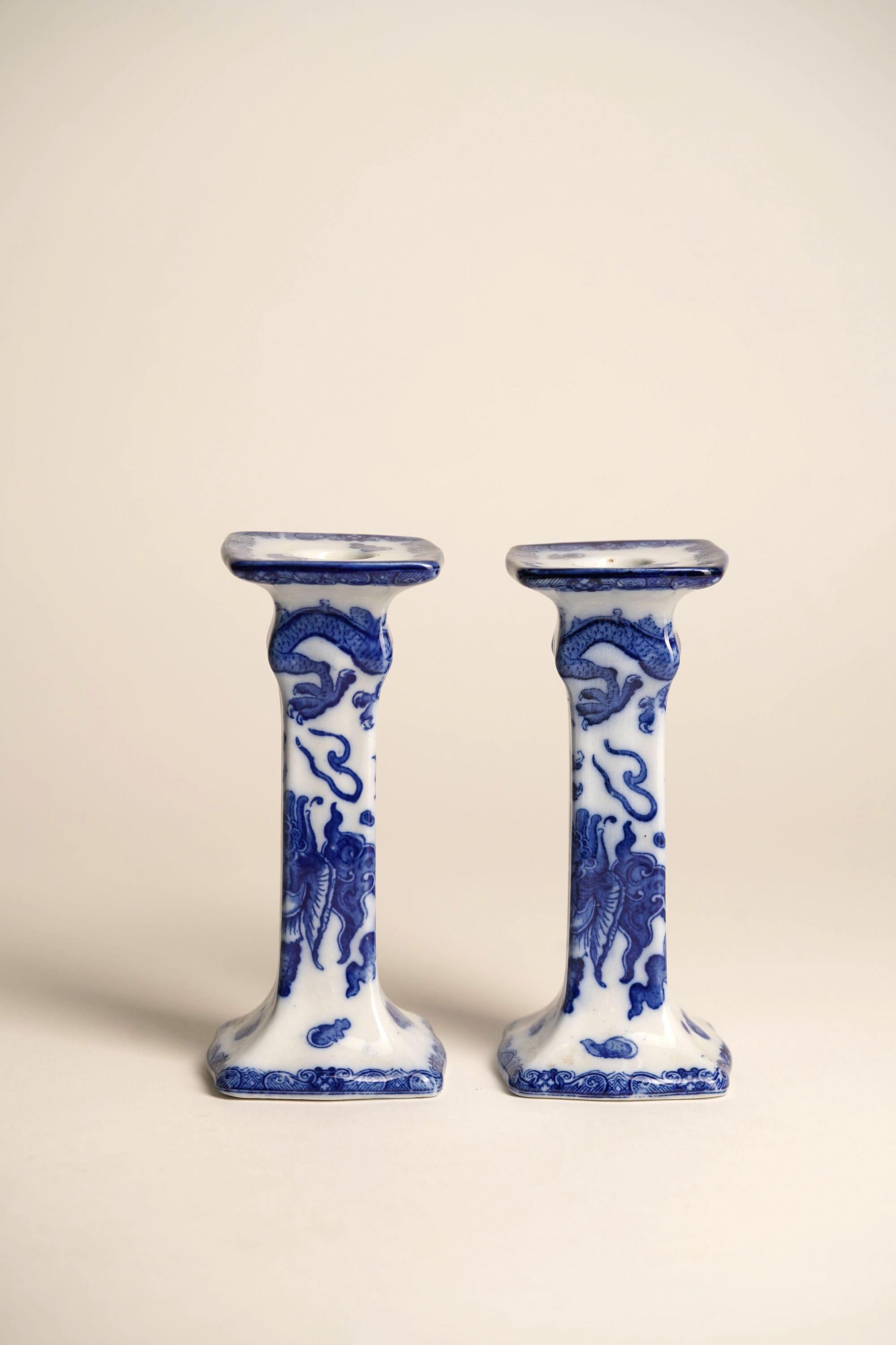 English Antique Royal Doulton Hand-painted Porcelain Candle Stands For Sale