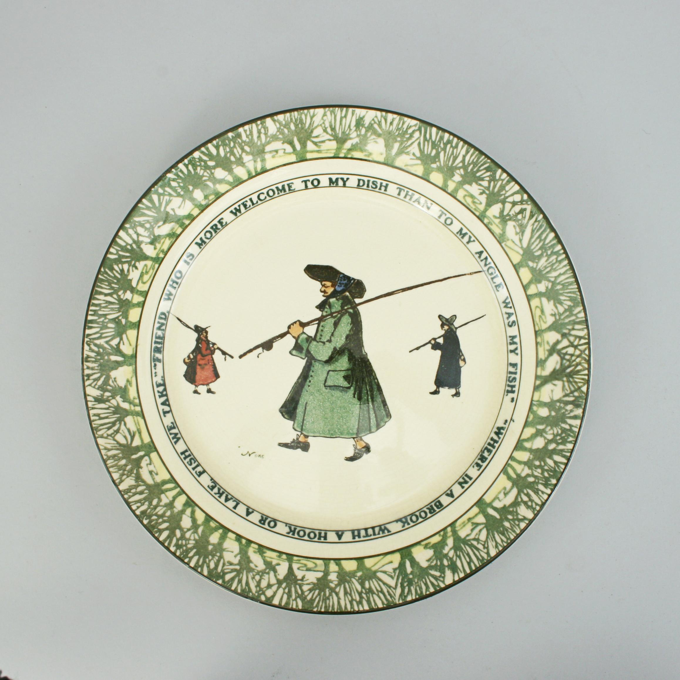 Vintage fishing plate by Royal Doulton.
A good Royal Doulton plate decorated with Isaac Walton design fishing scenes with the inscription: FRIEND WHO IS MORE WELCOME TO MY DISH THAN TO MY ANGLE WAS MY FISH -
WHERE IN A BROOK, WITH A HOOK, OR A LAKE,